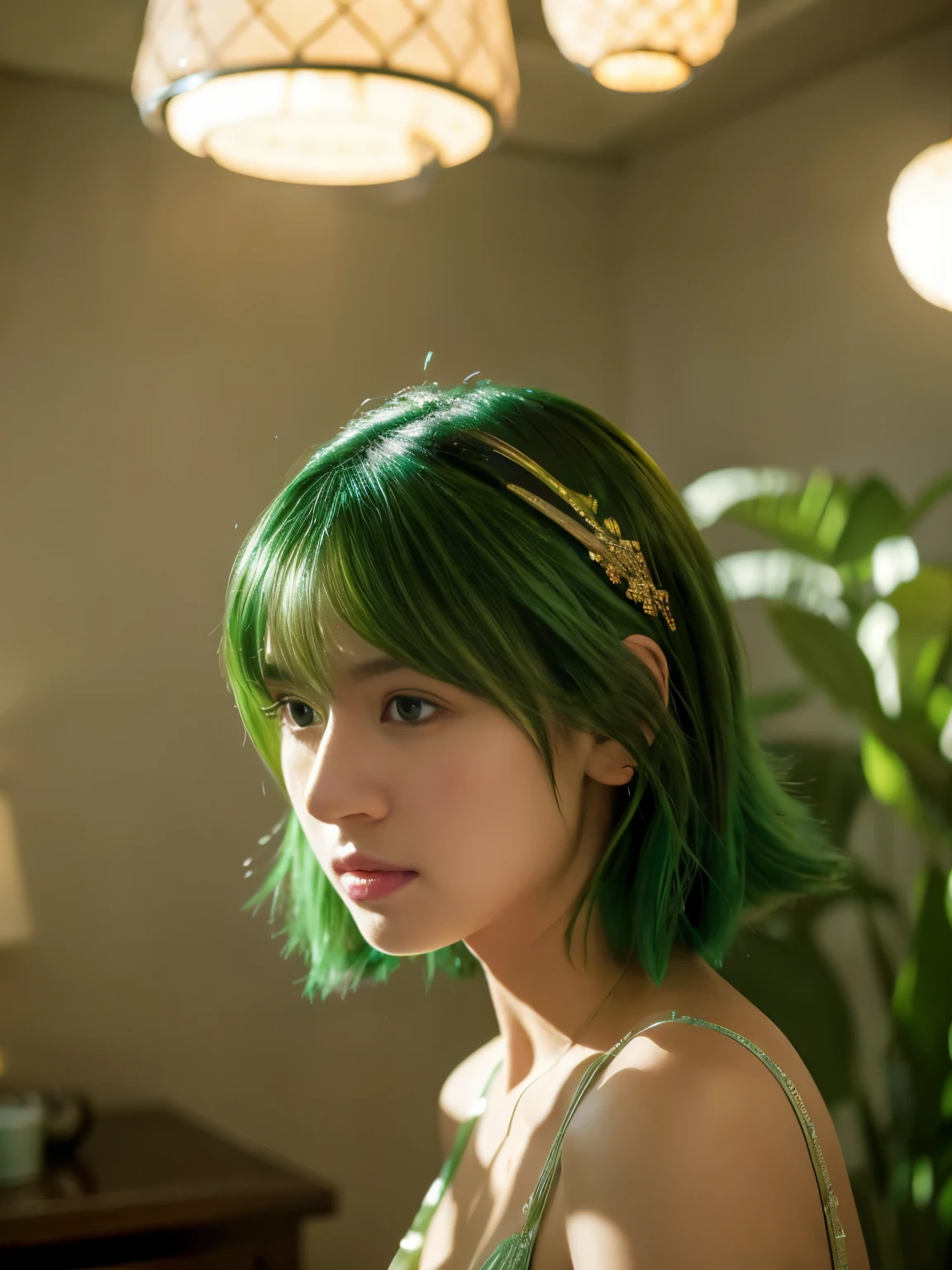 {{masterpiece}}, {{highest quality}}, {{Super detailed}}, {{illustration}}, cinematic lighting,beautiful delicate shine, dynamic angle, Depth of bounds written, light_leak, wonderful, fine details, 4k, 8K,japanese idol, green hair, Luxurious interior, contemporary furniture, green accents, chic space, art gallery, modern apartment, {sexy pose},