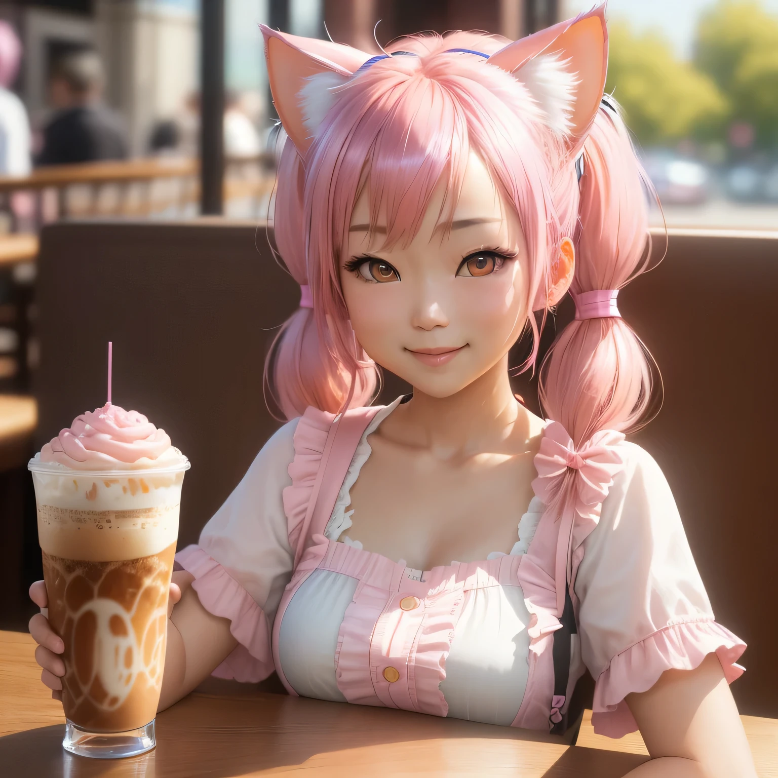 (8k, HDR, RAW photo, best quality, masterpiece:1.2, realistic lighting), close up, an asian girl, solo, smile, (twintail hair), pink hair, path traced hair, (pink cat ears), ((pink eyes)), beauty eyes, (thin face), (cafe:1.3), relaxing in cafe, drinking a cup of coffee, look up, upper body.