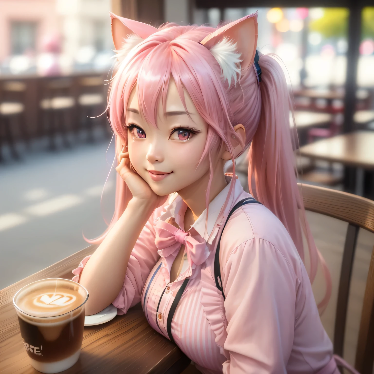 (8k, HDR, RAW photo, best quality, masterpiece:1.2, realistic lighting), close up, an asian girl, solo, smile, (twintail hair), pink hair, path traced hair, (pink cat ears), ((pink eyes)), beauty eyes, (thin face), (cafe:1.3), relaxing in cafe, drinking a cup of coffee, look up, upper body.