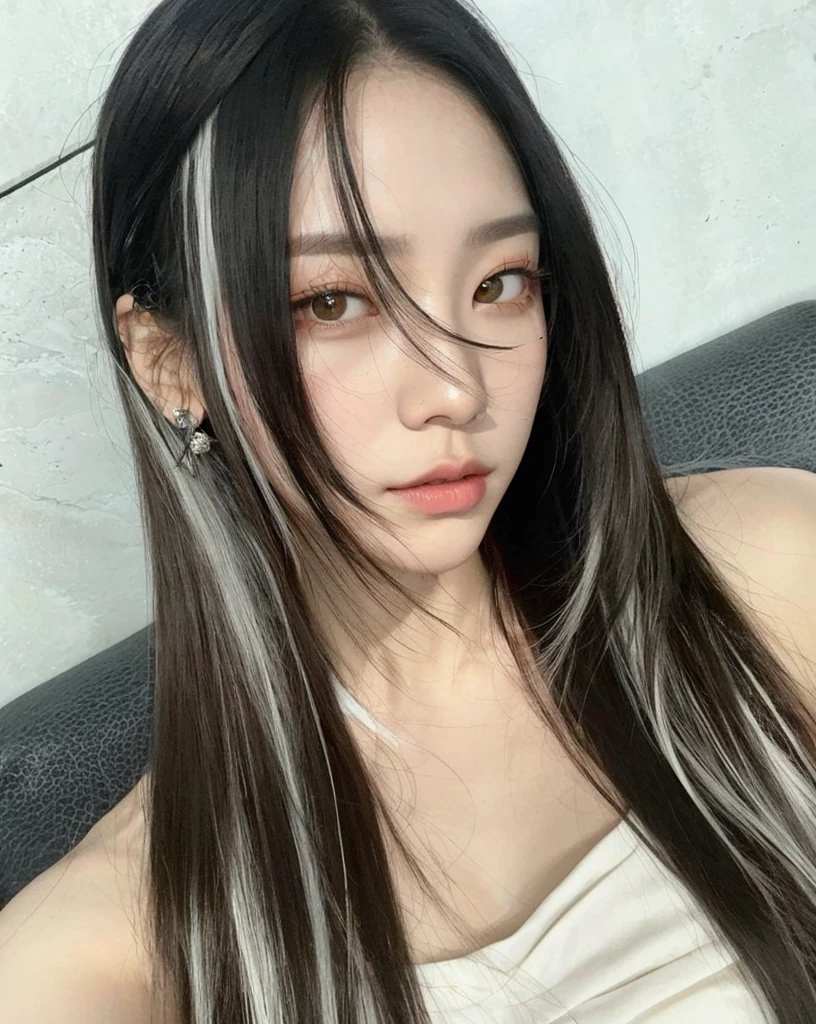 a close up of a woman con cabello largo wearing a white dress, flequillo blancopelo negro, reflejos blancos en el cabello, jennie rosa negra, peinado de corte hime blanco, con el pelo largo y blanco, ulzzang, heonhwa choe, con cabello largo, Jisoo de Blackpink, Krystal, kim doyoung, aparcar desde-min, muchacha coreana, jisoo de blackpink