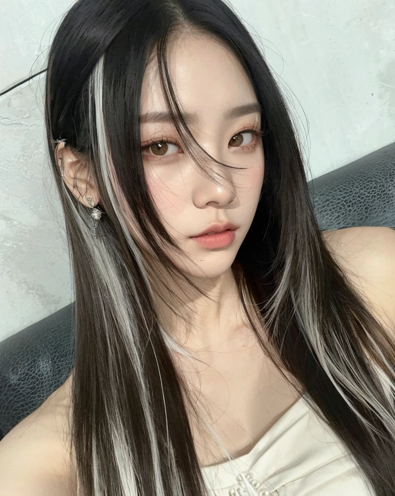 a close up of a woman con cabello largo wearing a white dress, flequillo blancopelo negro, reflejos blancos en el cabello, jennie rosa negra, peinado de corte hime blanco, con el pelo largo y blanco, ulzzang, heonhwa choe, con cabello largo, Jisoo de Blackpink, Krystal, kim doyoung, aparcar desde-min, muchacha coreana, jisoo de blackpink