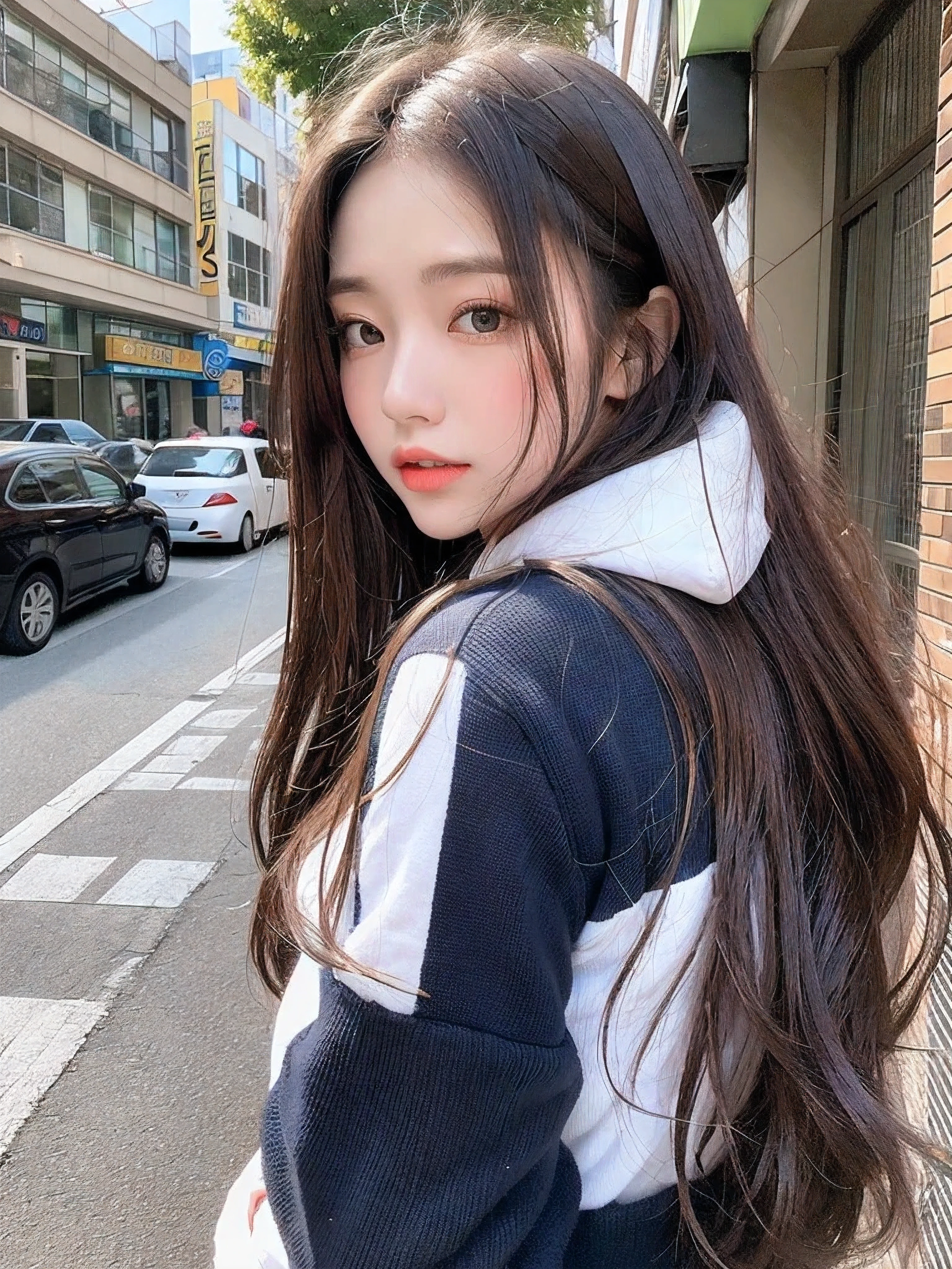 Female、White drool from the mouth、Long Hair Outdoor Fair Skin Disheveled Hair Super Cute、Soft and face、black hair、8K resolution、Super realistic、Super fine、 Soft body toned ass night、（（Highest Definition、8k、masterpiece：1.3））、Super fineな顔、Super fineな唇、Fine eyes、double eyelid、School Uniform:1.1
