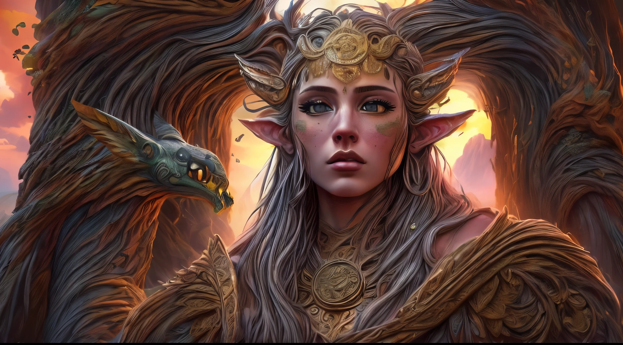 high details, Fantasy Poster, best quality, 8k, [ultra detailed], masterpiece, best quality, Photorealistic , dynamic angle, ultra wide shot, photorealistic, fantasy art, dnd art, rpg art, realistic art, an ultra wide picture of druid grove in a fantasy desert canyon and its druid warden observing all, a fantasy desert canyon (intricate details, Masterpiece, best quality: 1.5), (at sunset: 1.5), a stream of water (intricate details, Masterpiece, best quality: 1.5), waterfall (intricate details, Masterpiece, best quality: 1.5), human female druid, full body (intricate details, Masterpiece, best detailed: 1.5), exquisite beautiful woman druid (intricate details, Masterpiece, best detailed: 1.5), ultra detailed face (intricate details, Masterpiece, best detailed: 1.6), black hair, long hair, wavy hair (intricate details, Masterpiece, best quality: 1.5), dynamic eyes color, fair skin, wearing yellow cloak (intricate details, Masterpiece, best quality: 1.5), green robe (intricate details, Masterpiece, best quality: 1.5), cinematic light, pastoral atmosphere, divine light, gods rays, hyperrealistic, Photorealistic, 16k, RAW, award winning, [ultra detailed], masterpiece, best quality, (ultra detailed), full body, ultra wide shot, photorealistic,