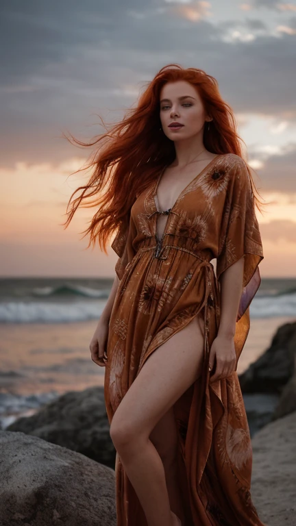 a photograph of a redhead woman with windswept tresses, her hair entangled like flames against a twilight sky, wearing a kaftan, emanating untamed beauty