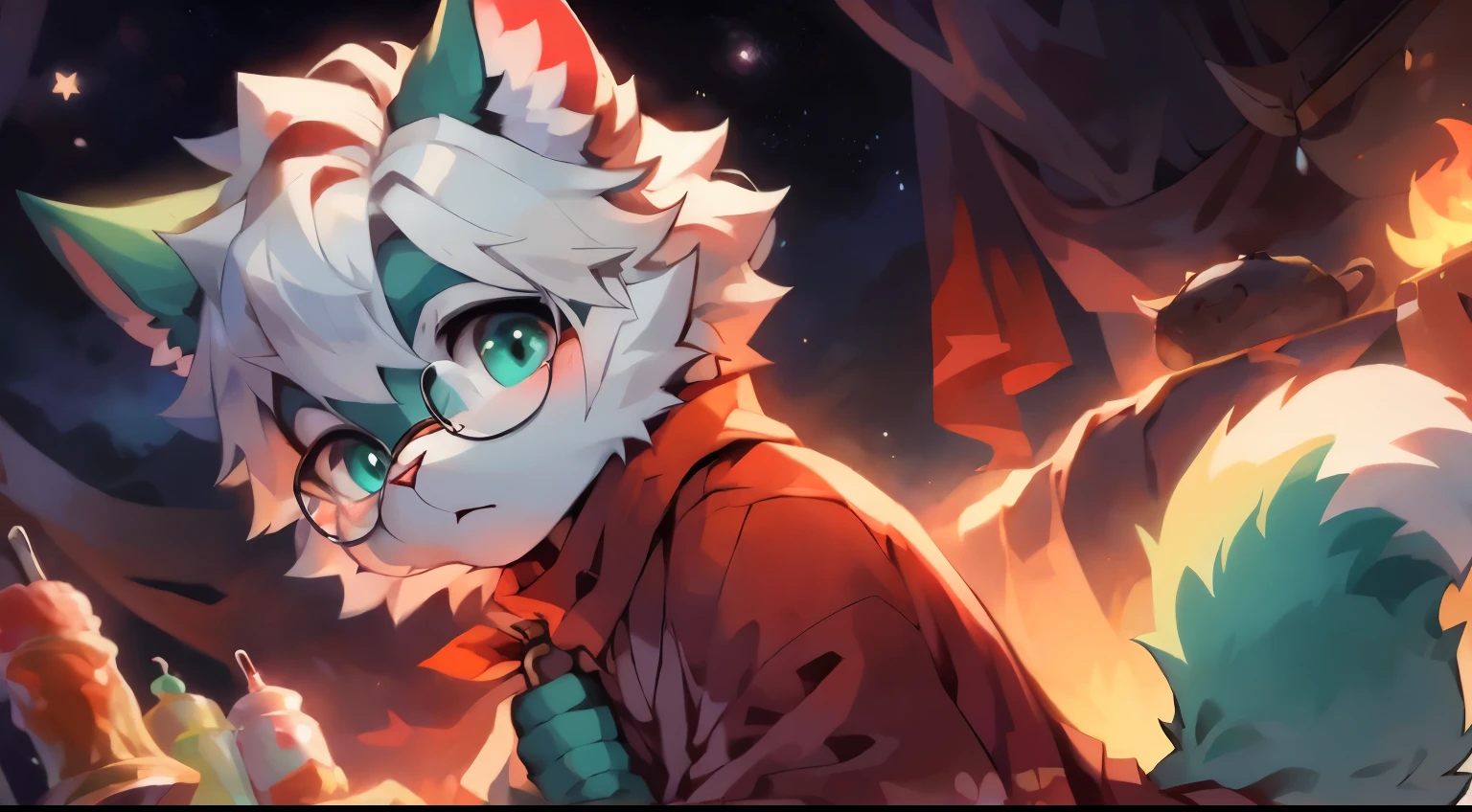 a portrait of a fully grown mature and aged  male cat with big round circle glasses and a red scarf, The cat is very tall. bushy tail, and perked-up fluffy big ears, one ear is lowered. He wears a fluffy warm and cozy kimono, a handsome cat fursona with teal fur color, the chest has white fur, white fur around his mouth and cheeks, medium-length white hair, fluffy black cat ears, and a fluffy white neck. He is looking up at a colorful starry sky, and in the background  an incredibly detailed background, detailed eyes