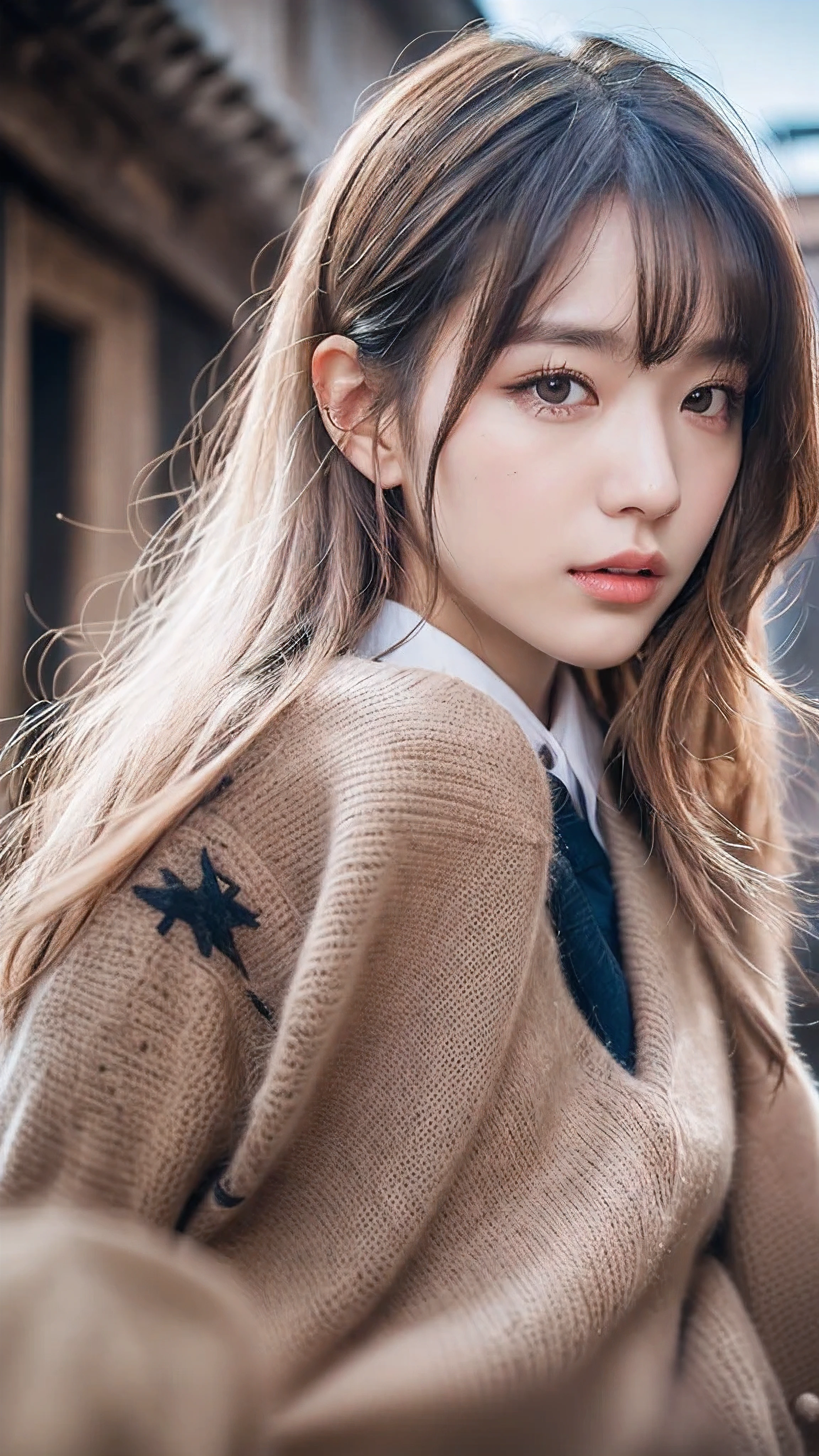 Female、White drool from the mouth、Long Hair Outdoor Fair Skin Disheveled Hair Super Cute、Soft and face、black hair、8K resolution、Super realistic、Super fine、 Soft body toned ass night、((Highest Definition、8k、masterpiece:1.3))、Super fineな顔、Super fineな唇、Fine eyes、double eyelid、School Uniform:1.1