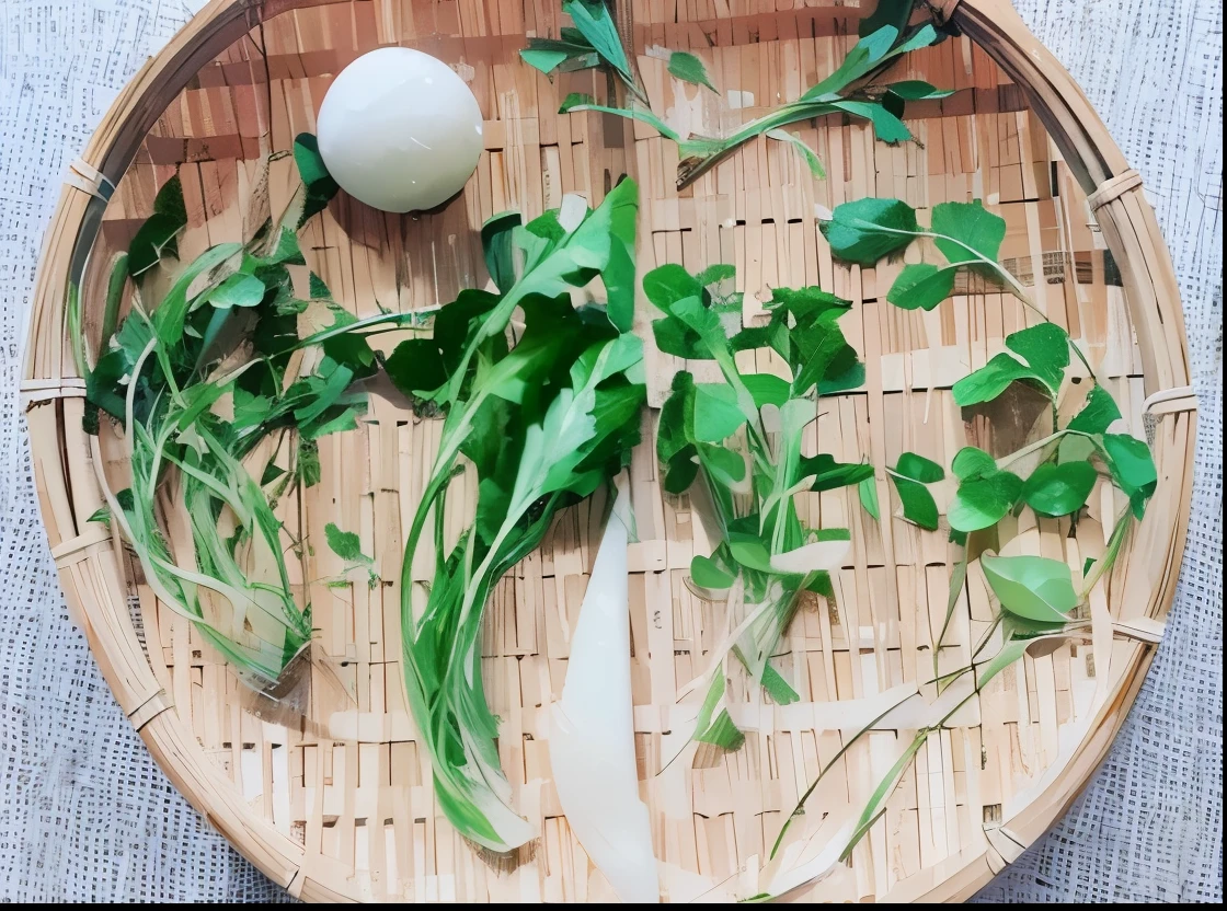 oil painting、grass on bamboo colander, 