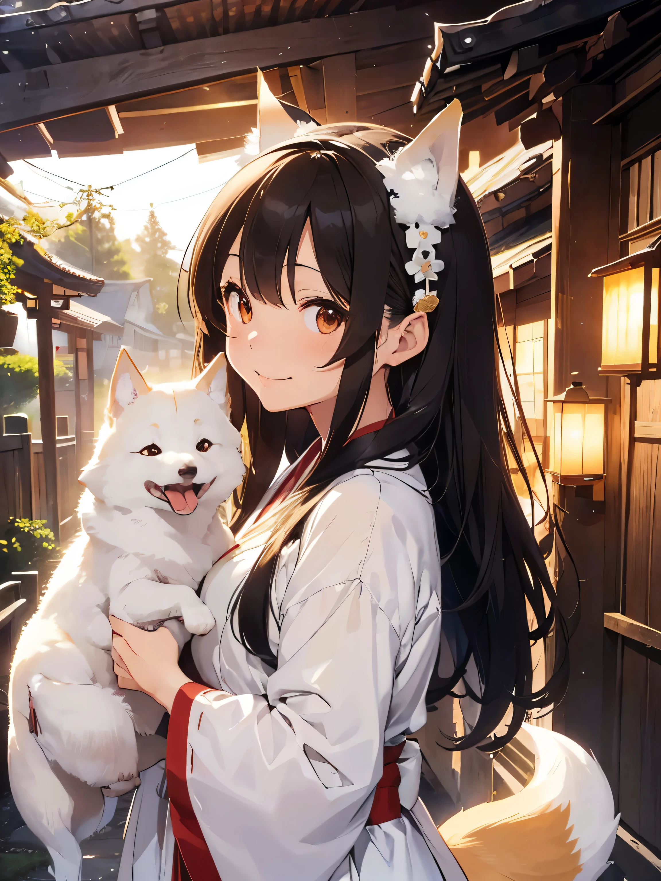cute illustration、(1black haired woman、hair length、slim body shape、brown fox ears headband、naughty shrine maiden clothes)、(Holding a big pure white Shiba Inu)、laughter、shrine、lighting from the side