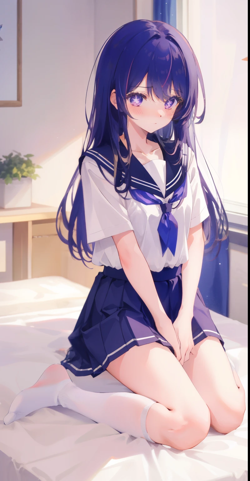 A girl((There is a five-pointed star in the eye))A girl with long purple hair,big chest(((Blush)))JK school uniform,short skirt,kneeling,Beds,white socks, thick legs, thigh thick, standing, backdrop, indoors