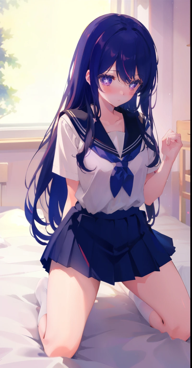 A girl（（There is a five-pointed star in the eye））A girl with long purple hair，（（（Blush）））JK school uniform，short skirt，kneeling，Beds，white socks,
