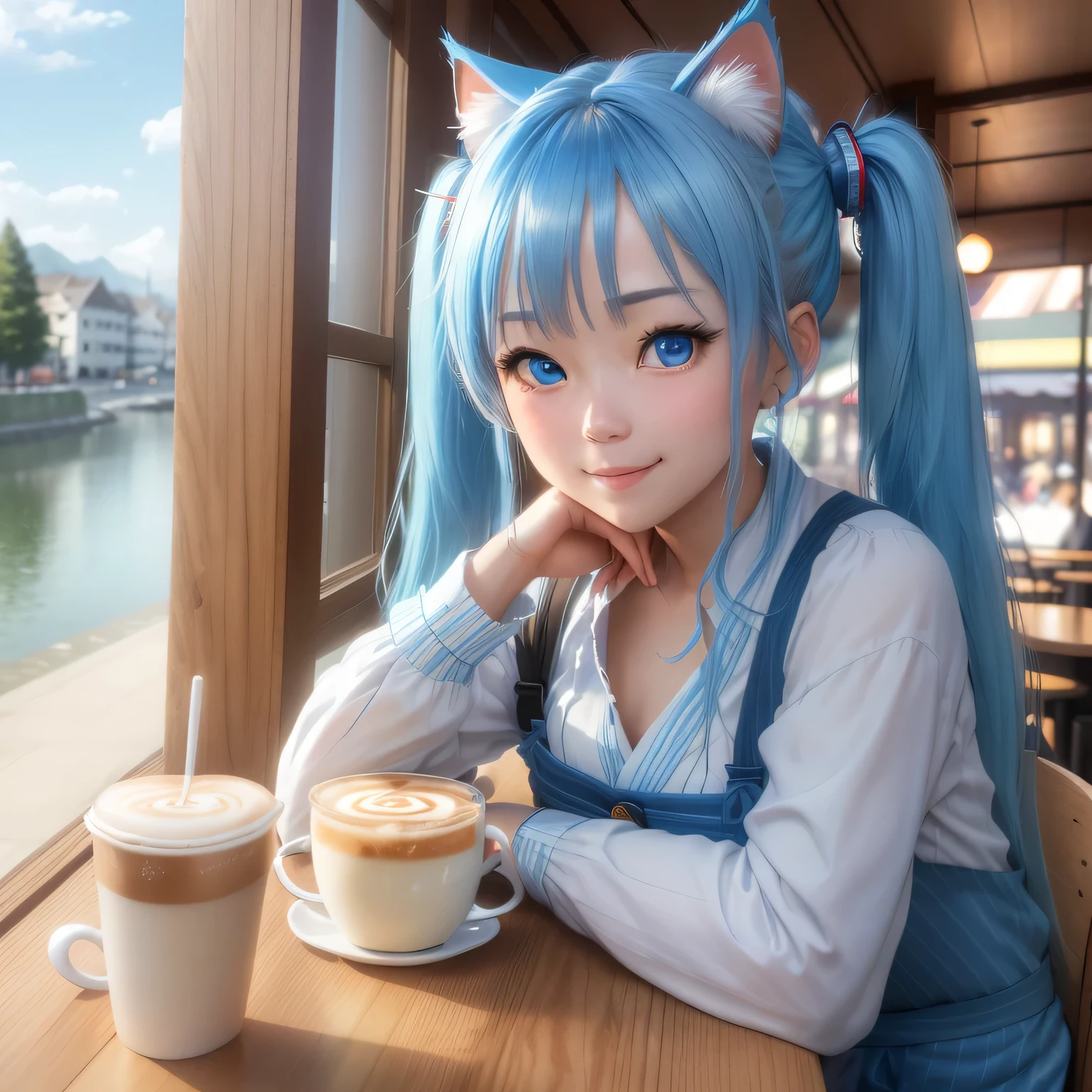 (8k, HDR, RAW photo, best quality, masterpiece:1.2, realistic lighting), close up, japanese girl, solo, smile, (twintail hair), sky blue hair, path traced hair, (sky blue cat ears), ((sky blue eyes)), beauty eyes, (thin face), (cafe:1.3), relaxing in cafe, drinking a cup of coffee, look up, upper body.