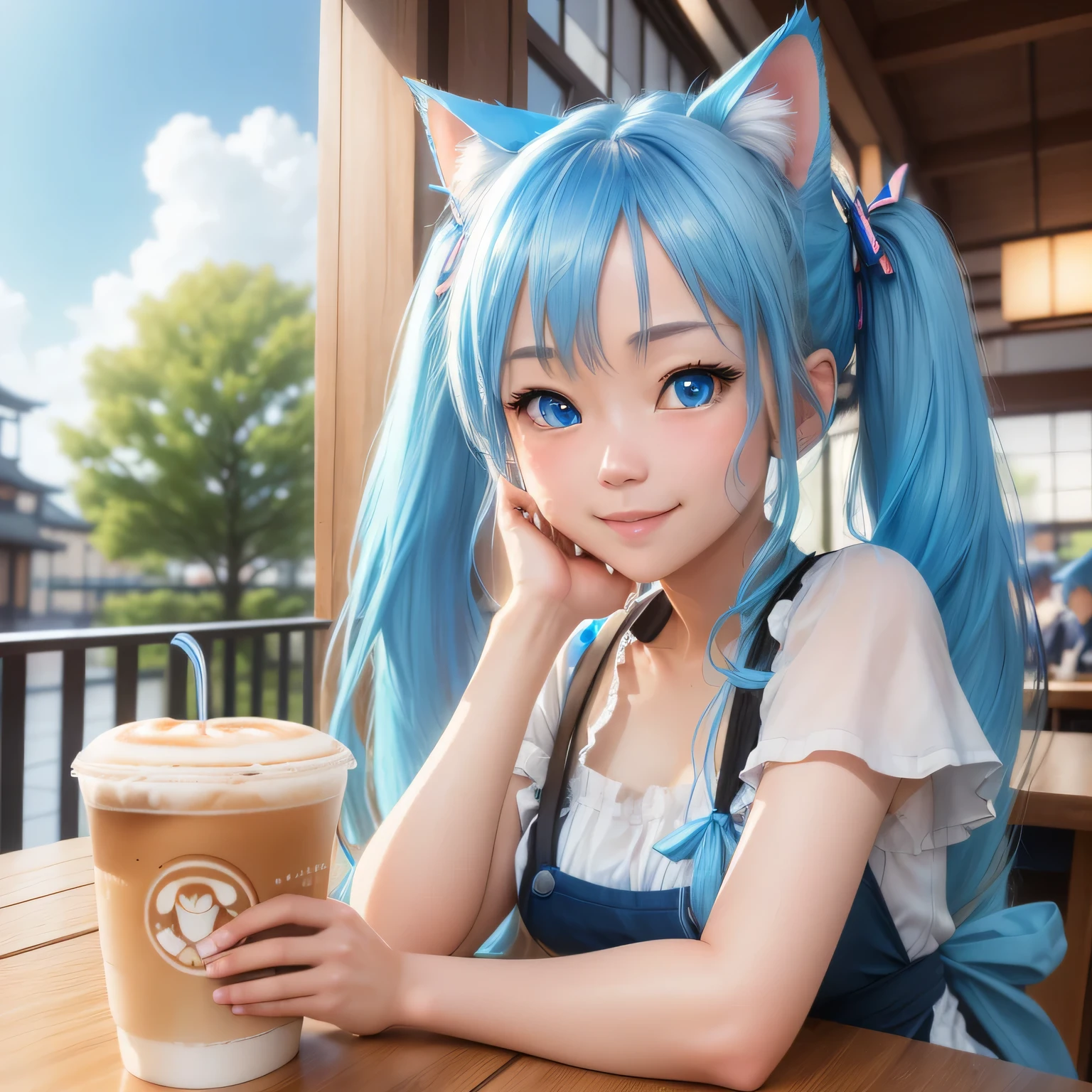 (8k, HDR, RAW photo, best quality, masterpiece:1.2, realistic lighting), close up, japanese girl, solo, smile, (twintail hair), sky blue hair, path traced hair, (sky blue cat ears), ((sky blue eyes)), beauty eyes, (thin face), (cafe:1.3), relaxing in cafe, drinking a cup of coffee, look up, upper body.