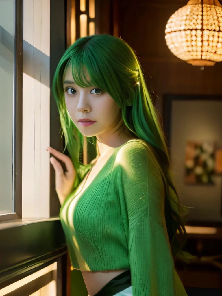 {{masterpiece}}, {{highest quality}}, {{Super detailed}}, {{illustration}}, cinematic lighting,beautiful delicate shine, dynamic angle, Depth of bounds written, light_leak, wonderful, fine details, 4k, 8K,japanese idol, green hair, Luxurious interior, contemporary furniture, green accents, chic space, art gallery, modern apartment, {sexy pose},