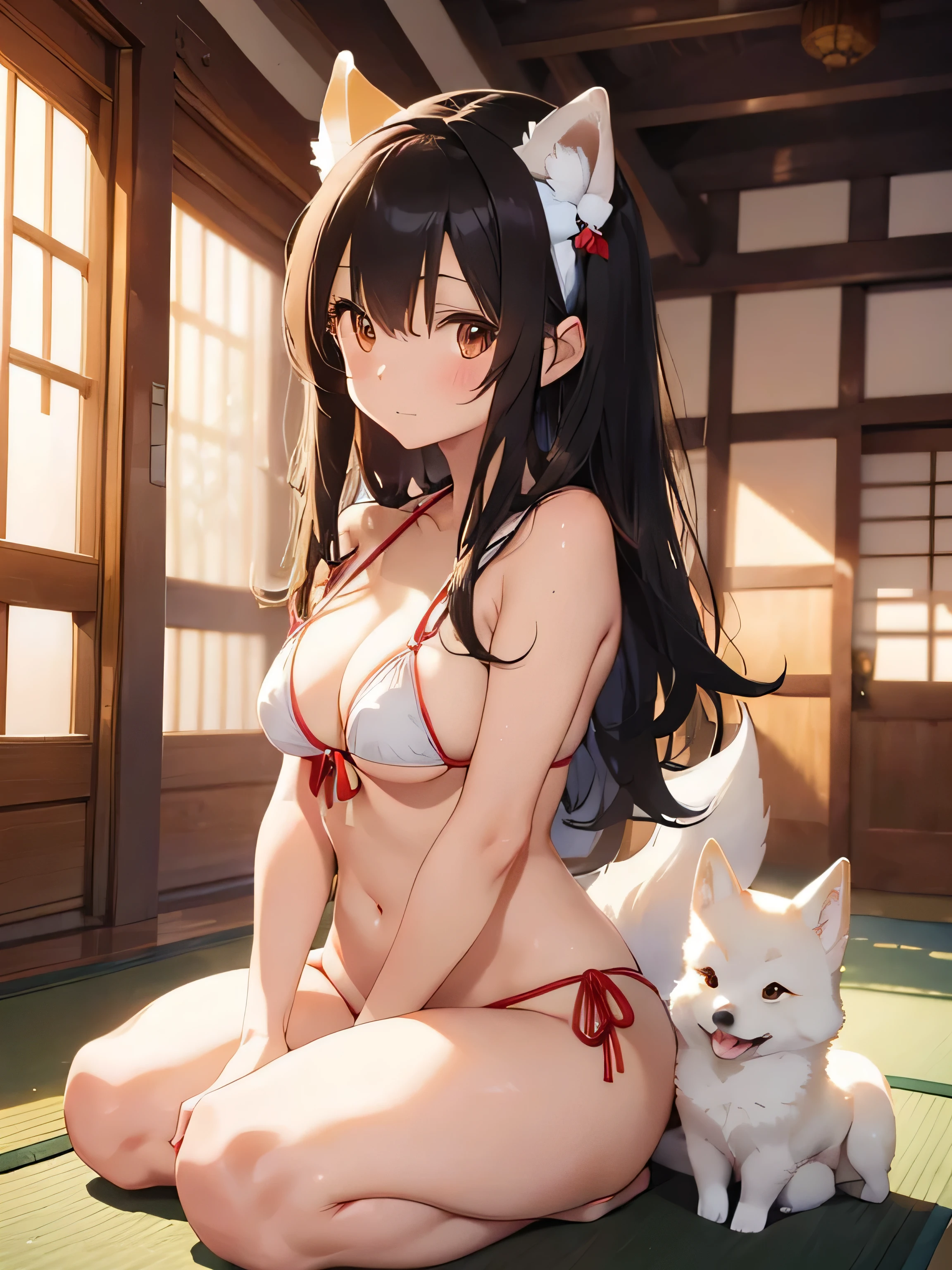 cute illustration、(1black haired woman、hair length、slim body shape、thin face、brown fox ears headband、shrine maiden style bikini)、(Holding a big pure white Shiba Inu)、Very embarrassed、Sitting position with bent knees、traditional japanese room、lighting from the side