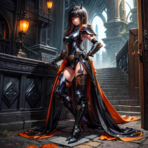 (((three characters))), feminino, (((pele escura))), Cabelo preto com Rabo de cavalo, Olhos Azuis-Claros, Round glasses with slightly dark lenses, sendo esta lente laranja, e a moldura Azul Claro, ((Black Metallic Gauntlets and Cracklings with Orange and Silver Accents)), (((As Roupas tem uma Mistura de Moderno e Tribal))), tendo em sua Maioria a Cor Preta, mas tendo Partes em Laranja, Shoulders on Display, No quadril, a short that extends to mid-thigh in black.
3 girls,beautiful women, 30yr old,Japanese,Black dress Armor,pointed toes high heels boots,Full body portrait,Slim body,Perfect face and nice perfect face, smile,Surreal concept, 8K resolution, photographic quality, fantasy,outdoor,Photorealistic,A detailed eye,Diagonal angle,