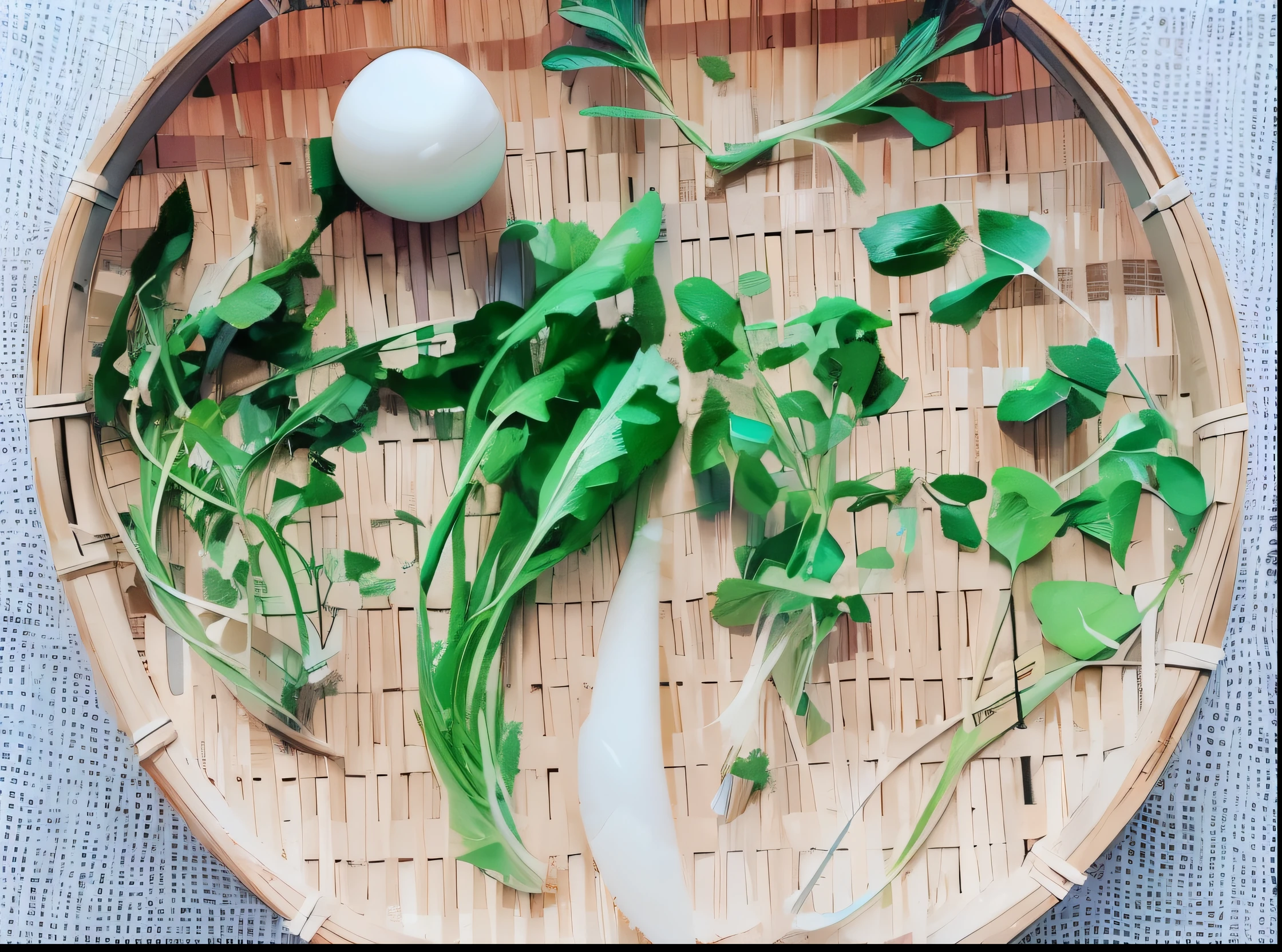 oil、grass on bamboo colander,