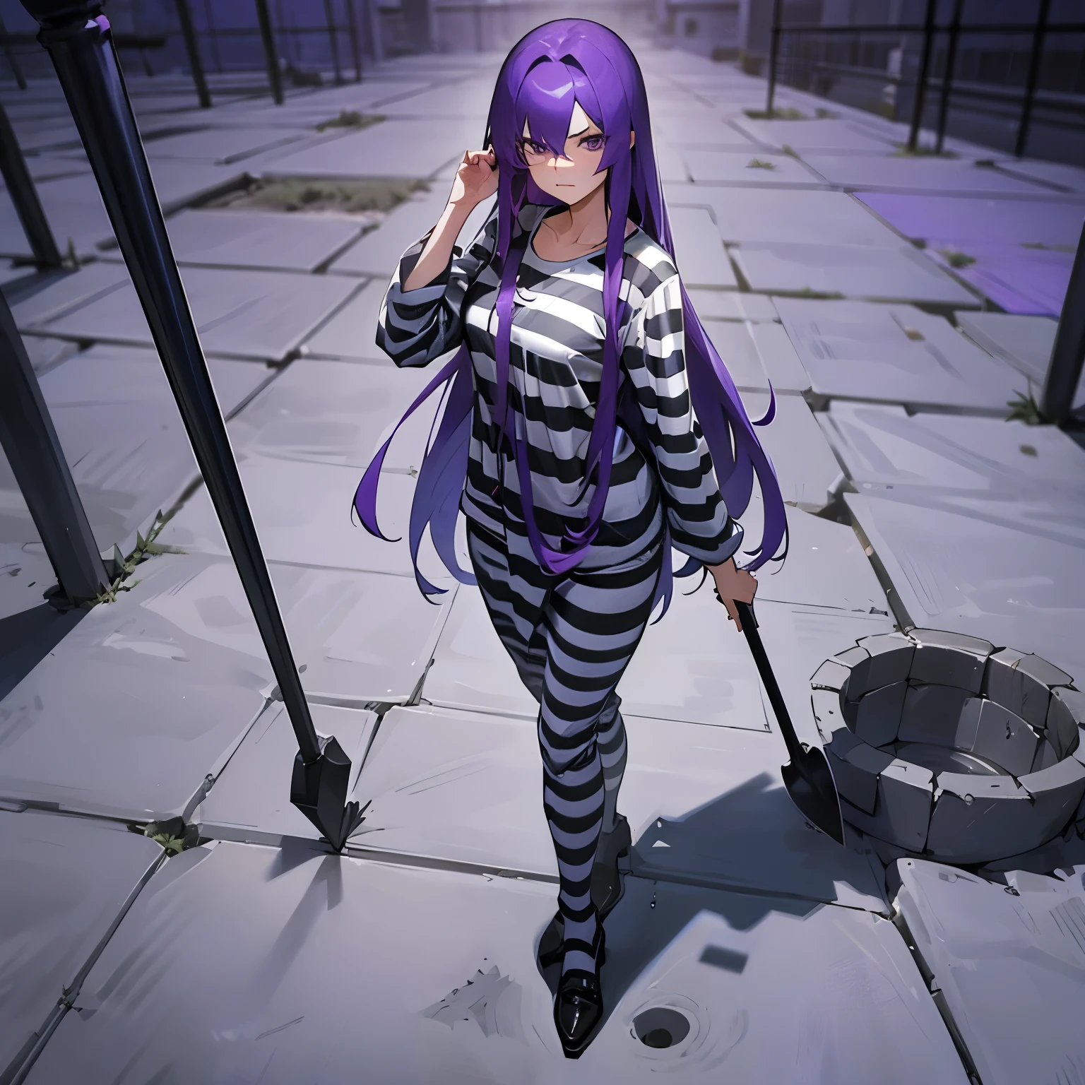 woman with long purple hair, stern look, striped prison clothes, long sleeve shirt, round neckline, holding shovel and digging a hole, wide shot, full body, prison yard, manhwa style