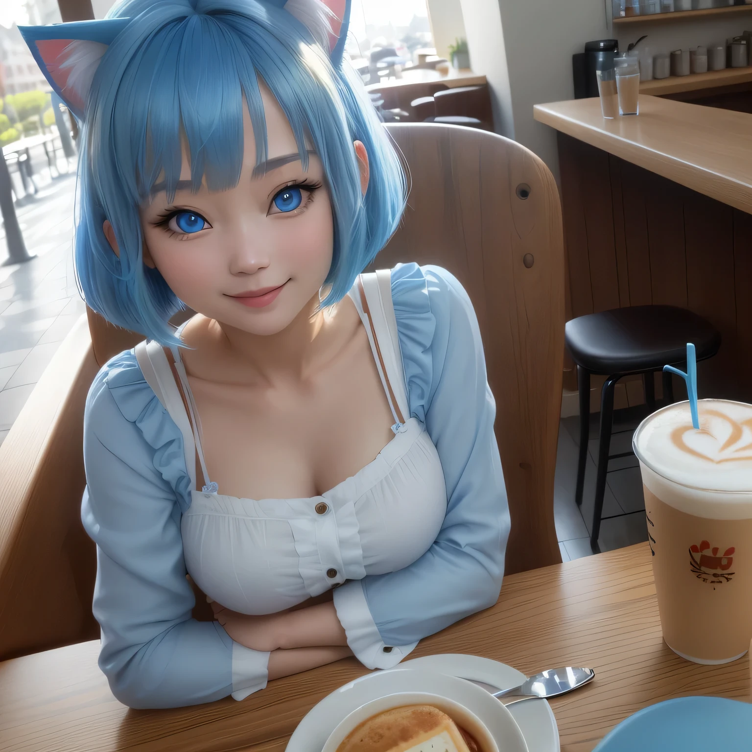 (8k, HDR, RAW photo, best quality, masterpiece:1.2, realistic lighting), close up, korean girl, solo, smile, (bob cuts hair), sky blue hair, path traced hair, (sky blue cat ears), ((sky blue eyes)), beauty eyes, (thin face), (cafe:1.3), relaxing in cafe, drinking a cup of coffee, look up, upper body.