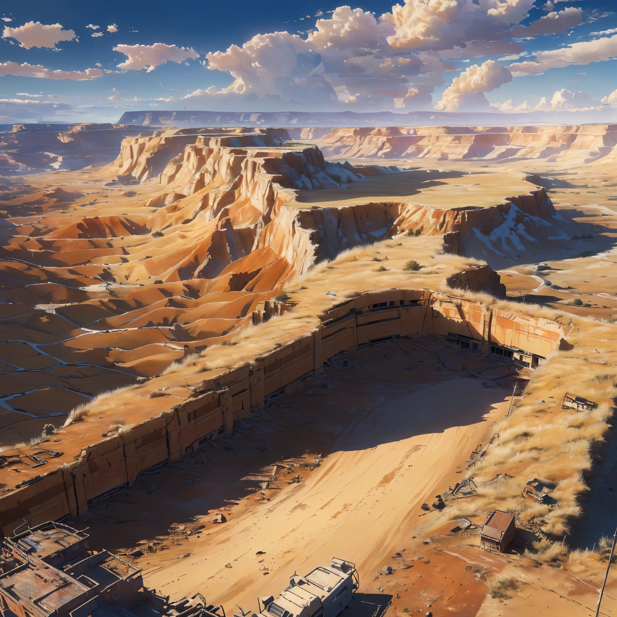 (Best quality, 8k, 32k, Masterpiece, UHD: 1.2, ray tracing: 1.2, real: 1.2),  (side: 1.5), savannah in the foreground, sandy red canyons in the distance, (Prairie, Long Range, wind:1.5), road works sign in the background, blue sky, white clouds, (((post apocalyptic wasteland))) 
