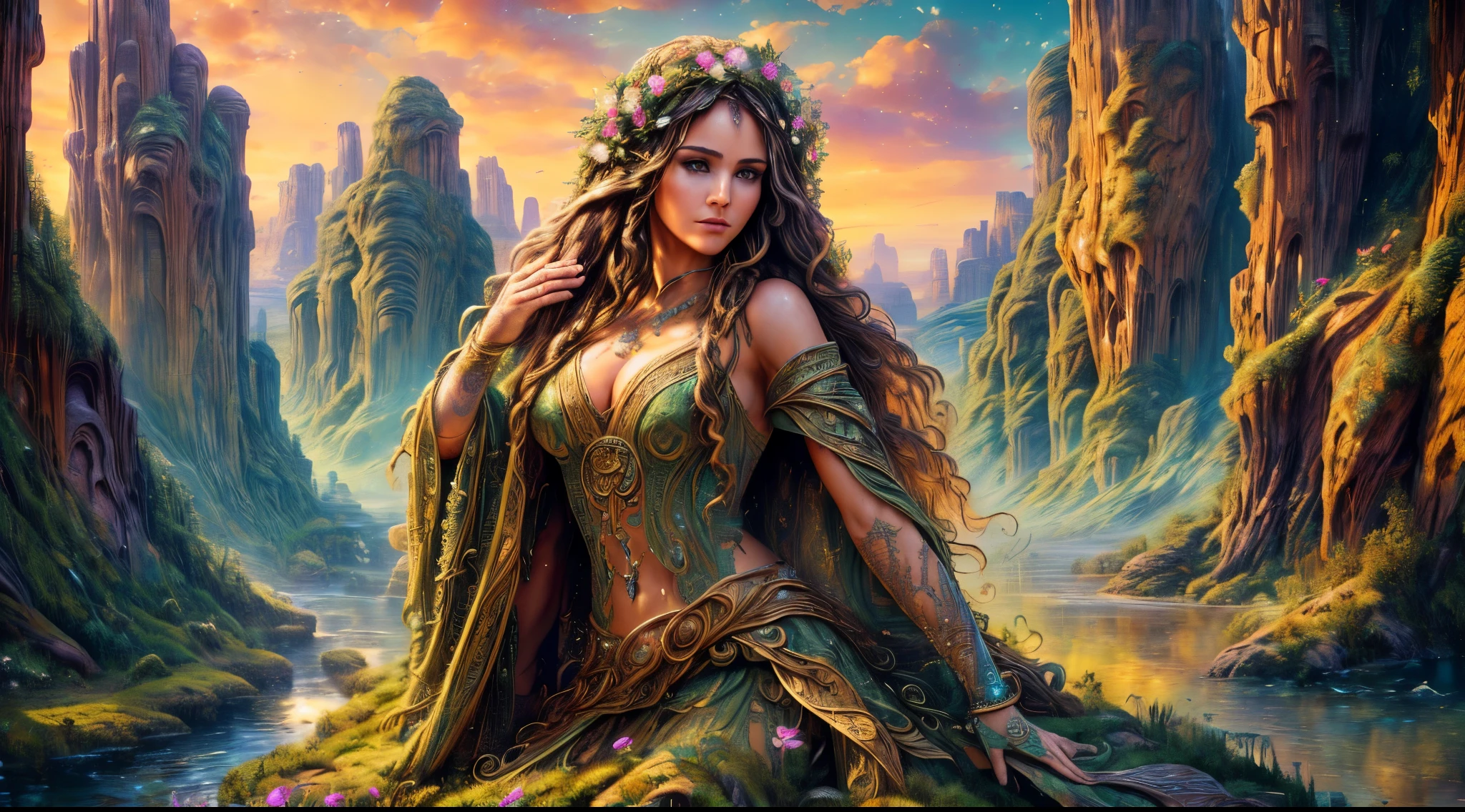 high details, Fantasy Poster, best quality, 8k, [ultra detailed], masterpiece, best quality, Photorealistic , dynamic angle, ultra wide shot, photorealistic, fantasy art, dnd art, rpg art, realistic art, an ultra wide picture of druid grove in a fantasy desert canyon and its druid warden observing all, a fantasy desert canyon (intricate details, Masterpiece, best quality: 1.5), (at sunset: 1.5), a stream of water (intricate details, Masterpiece, best quality: 1.5), waterfall (intricate details, Masterpiece, best quality: 1.5), human female druid, full body (intricate details, Masterpiece, best detailed: 1.5), exquisite beautiful woman druid (intricate details, Masterpiece, best detailed: 1.5), ultra detailed face (intricate details, Masterpiece, best detailed: 1.6), black hair, long hair, wavy hair (intricate details, Masterpiece, best quality: 1.5), dynamic eyes color, fair skin, wearing yellow cloak (intricate details, Masterpiece, best quality: 1.5), green robe (intricate details, Masterpiece, best quality: 1.5), cinematic light, pastoral atmosphere, divine light, gods rays, hyperrealistic, Photorealistic, 16k, RAW, award winning, [ultra detailed], masterpiece, best quality, (ultra detailed), full body, ultra wide shot, photorealistic,