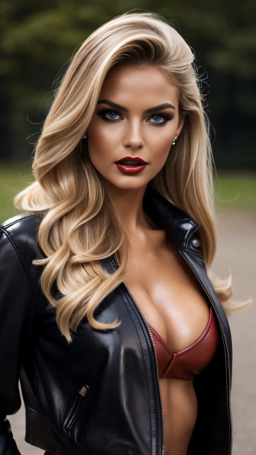 retro style, beautiful female model, glamorous body, plump body, long haired person, blonde, smooth skin, blue eyes, red lips, dark makeup, ((sexy leather jacket outfit)), open shirt, Knee-high boots, realist, outdoors, super realistic 8K, super detailed and realistic, big ass, walk in the park, Posture sculpture, hair blowing in the wind