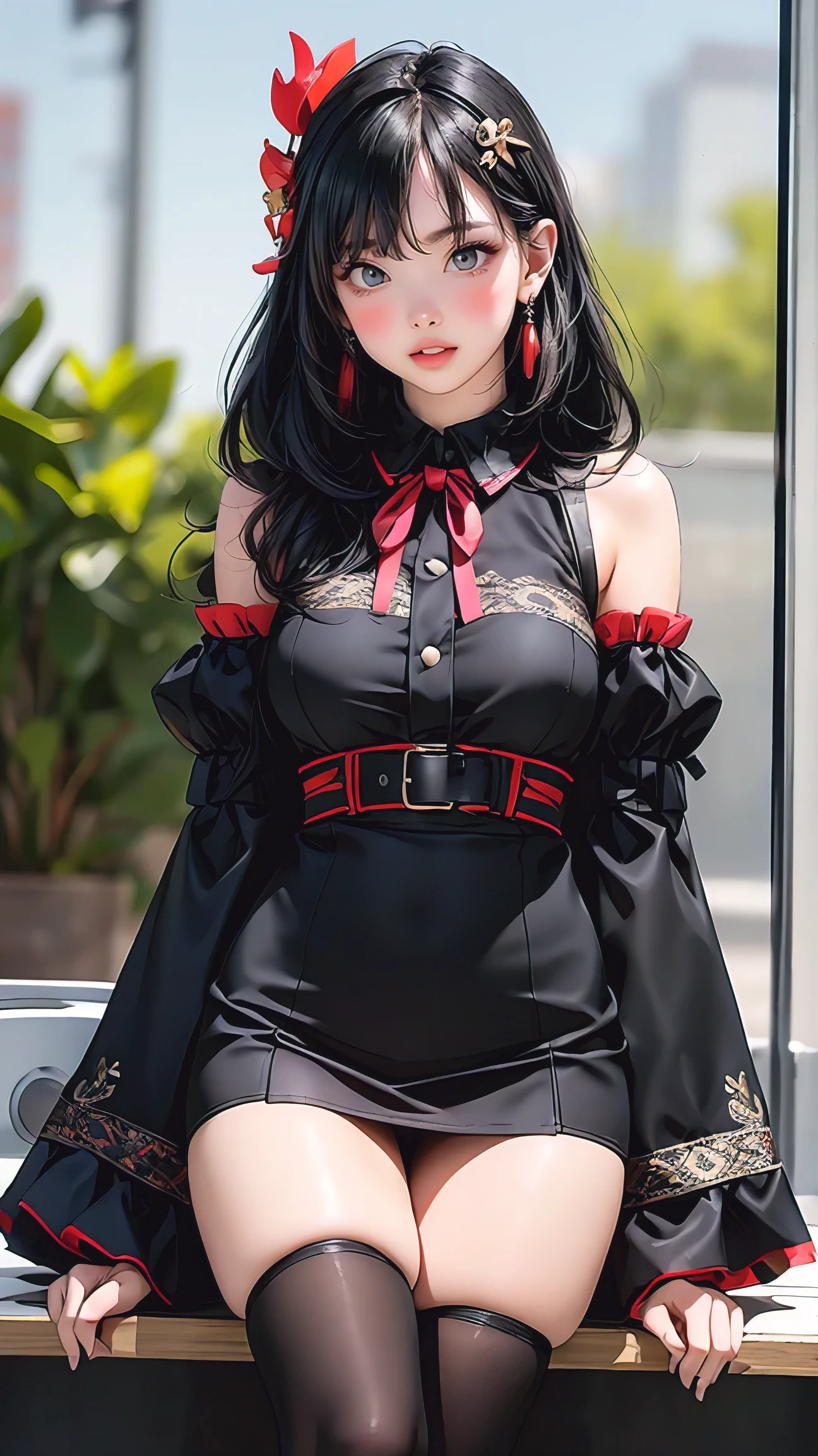 best quality, (photorealistic:1.2), masterpiece, best quality, solo, woman, perfect slim fit body, thick thighs, large breasts, detailed face, face focus, standing, black hair,(hair ornament:1.35),office lady, ribbon-trimmed sleeves, detached sleeves, ribbon trim, wide sleeves, (looking at viewer:1.5) long hair, black eyes, bangs, lips,