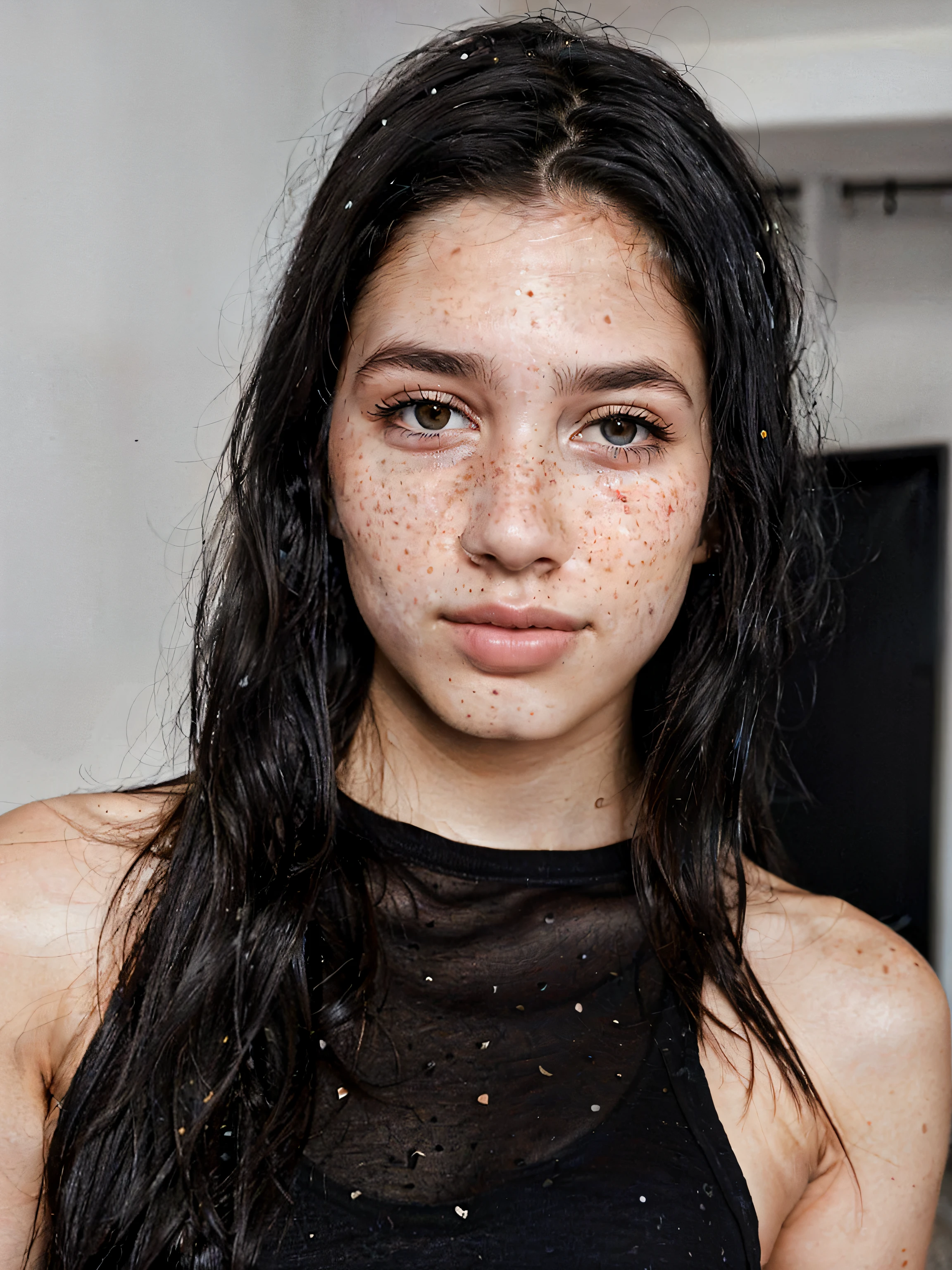 realistic portrait photo of beautiful girl, 19 year old Europian,with black shrap hair, hair roots slightly faded, spanish, influencer, light freckles, black eyes, no makeup, beauty, sharp body, 4k wallpaper, Instagram,
