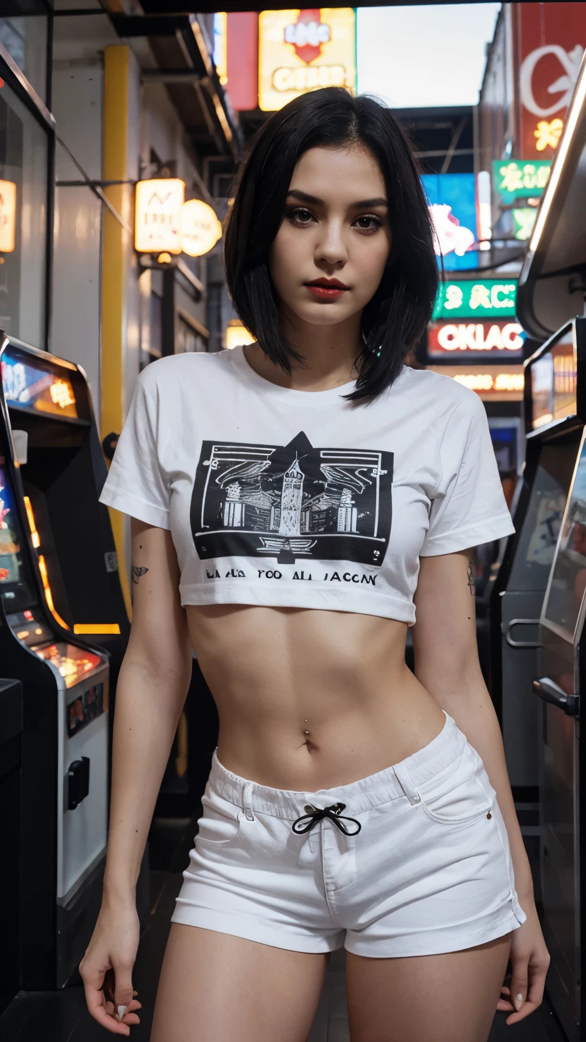 Entwerfen Sie eine Retro-Spielhalle direkt aus den 80ern, mit nostalgischen Spielen wie Pac-Man und Space Invaders, that flash on vintage tube monitors, und Neonlichter tauchen den Raum in Neonlicht, eine nostalgische Arcade-T-Shirt-Designidee, Grafische Illustrationen und Kunstwerke