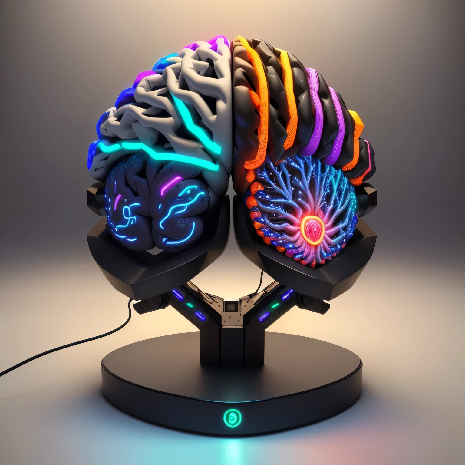 3D brain, 3D anatomical model of the brain, 3D multicolored connected with cables on an audio board, neuroscience environment, science fiction neon brain
