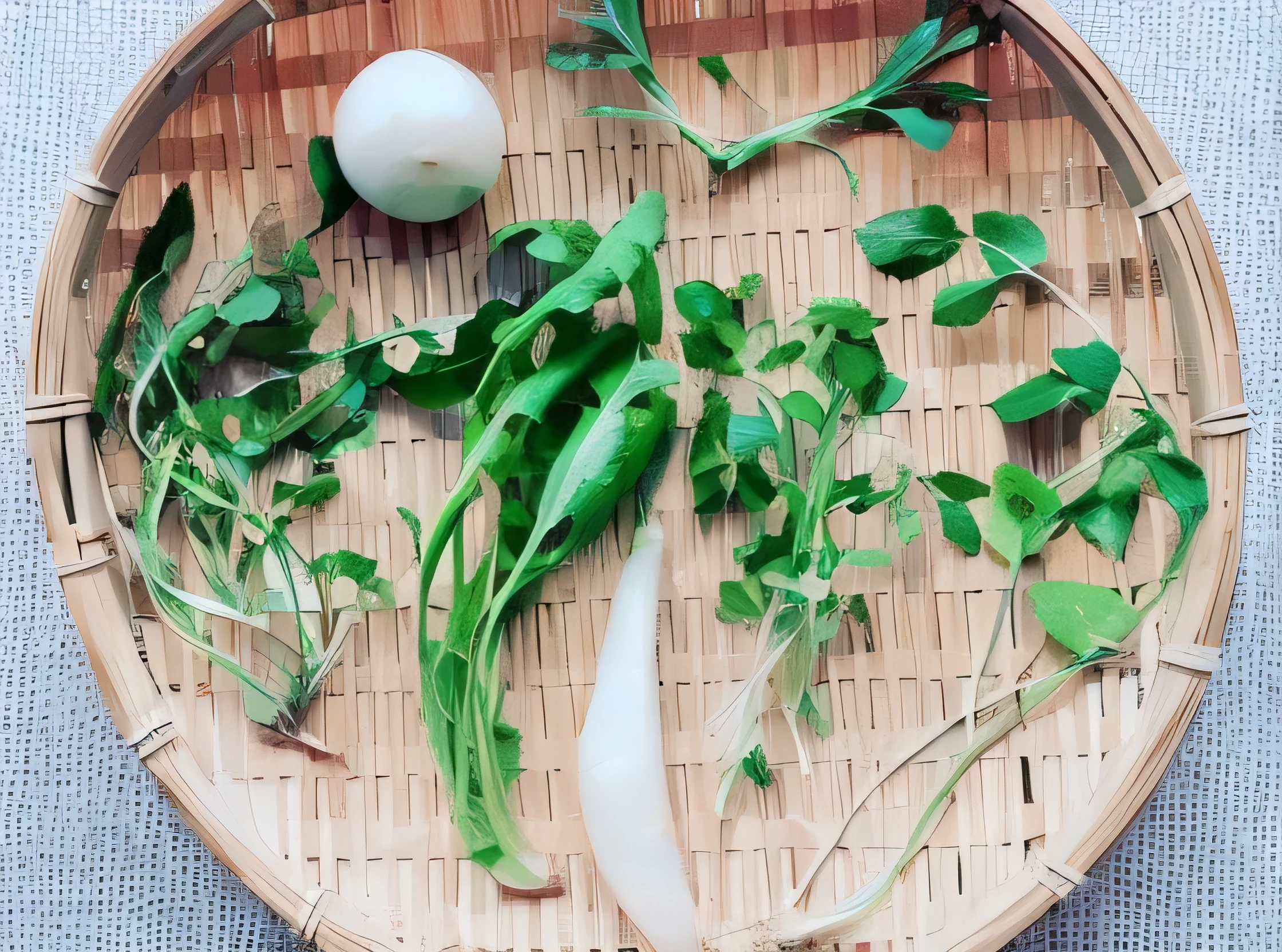 oil、grass on bamboo colander, 