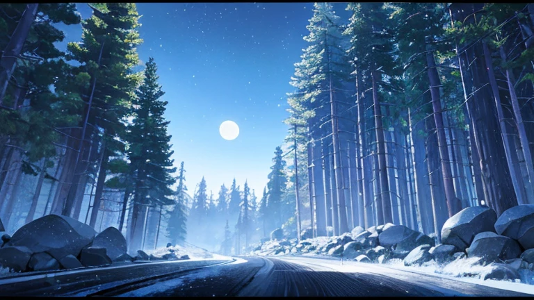 Fundos de jogos de rolagem lateral,  (((In the dark of night with a touch of blue))), Flat feeling with no vanishing point perspective,  photorealistic lighting, (((at night, when the moonlight is weak))),  High-definition details, obra-prima, Best quality at best, (papel de parede CG 8k integrado altamente detalhado), (maximum quality),  forest scenery,  The bottom half of the screen is flat, Terreno com mistura moderada de solo e grama, The direction of the road is from the left side of the screen to the right side of the screen., (((In the upper half of the screen there are small trees and densely packed rocks.))),  pequenas rochas, Distant view behind the trees, montanhas, The dark hour after sunset, at night, when the bluish light is flowing, The size of the tree is small and has many curves, Vista de uma altura de cerca de 3 metros,