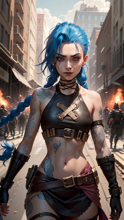 ((Best quality)), ((chef-d&#39;artwork)), (Very detailed: 1.3), Jinx endured unimaginable loss and abandonment, she embraced a life of chaos and destruction. Known for her inventive and explosive abilities, son corps sexy. Jinx becomes an icon of rebellion against the oppressive forces that control the city. Cependant, tormented by guilt and battling inner demons, She must face her past and decide whether to continue on the path of anarchy or seek redemption amidst the turmoil. Explore Jinx&#39;s journey as he navigates a treacherous world, Lutter pour survivre, Chaos reigns supreme, And at the heart of it all is Jinx, The embodiment of unpredictability. Plongez dans l&#39;esprit tordu de Jinx, Exploring the origins of his madness and the driving force behind his destructive nature. Discover the moments that made her the deranged character, iconic and desirable that we know. Take us on a wild ride through the bustling streets of Piltover and the dark underbelly of Zaun as Jinx wreaks havoc with her explosive arsenal. Can redemption find its way into Jinx&#39;s fractured soul ?? Or will he always dance on the edge of sanity, embrace the chaos that fuels one&#39;s very existence? Arcane&#39;s fate hangs in the balance as Jinx&#39;s path intertwines with unlikely allies and formidable foes. Ignite your imagination and photograph a portrait capturing the essence of her madness and the indomitable spirit that defines her, Jinx se douche, hdr (High dynamic range),laser trace,NVIDIA RTX,pas de culotte,Super-resolution,Unreal 5,Dispersion souterraine,Texturation PBR,Post-traitement,filtrage anisotrope,Profondeur de champ,Maximum