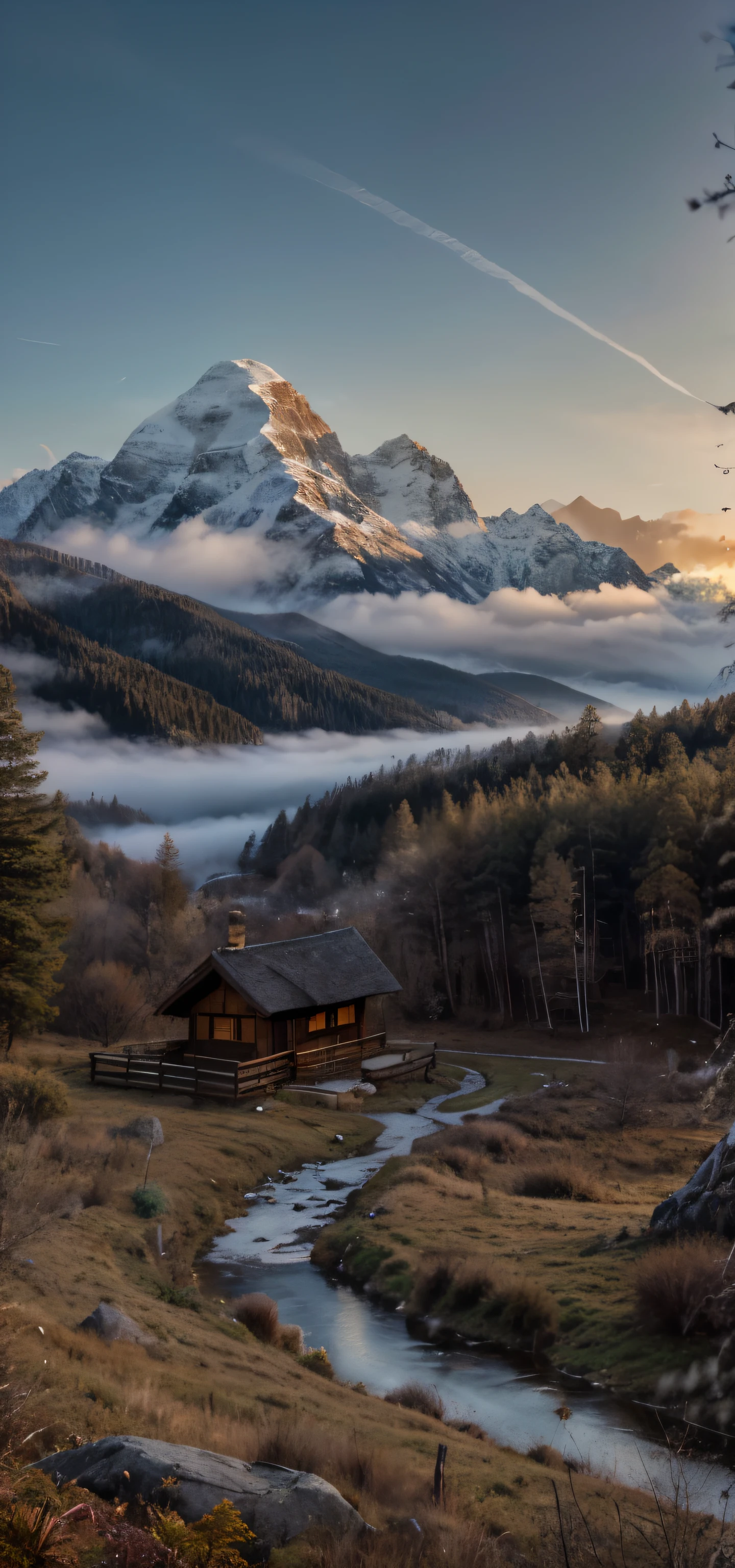 Masterpiece, beautiful, ((realistic)), Imagine a serene mountain landscape at dawn, with mist settling over the peaks and a solitary cabin nestled among the trees. Craft a vivid description that captures the tranquil ambiance, bring this serene scene to life in a portrait format