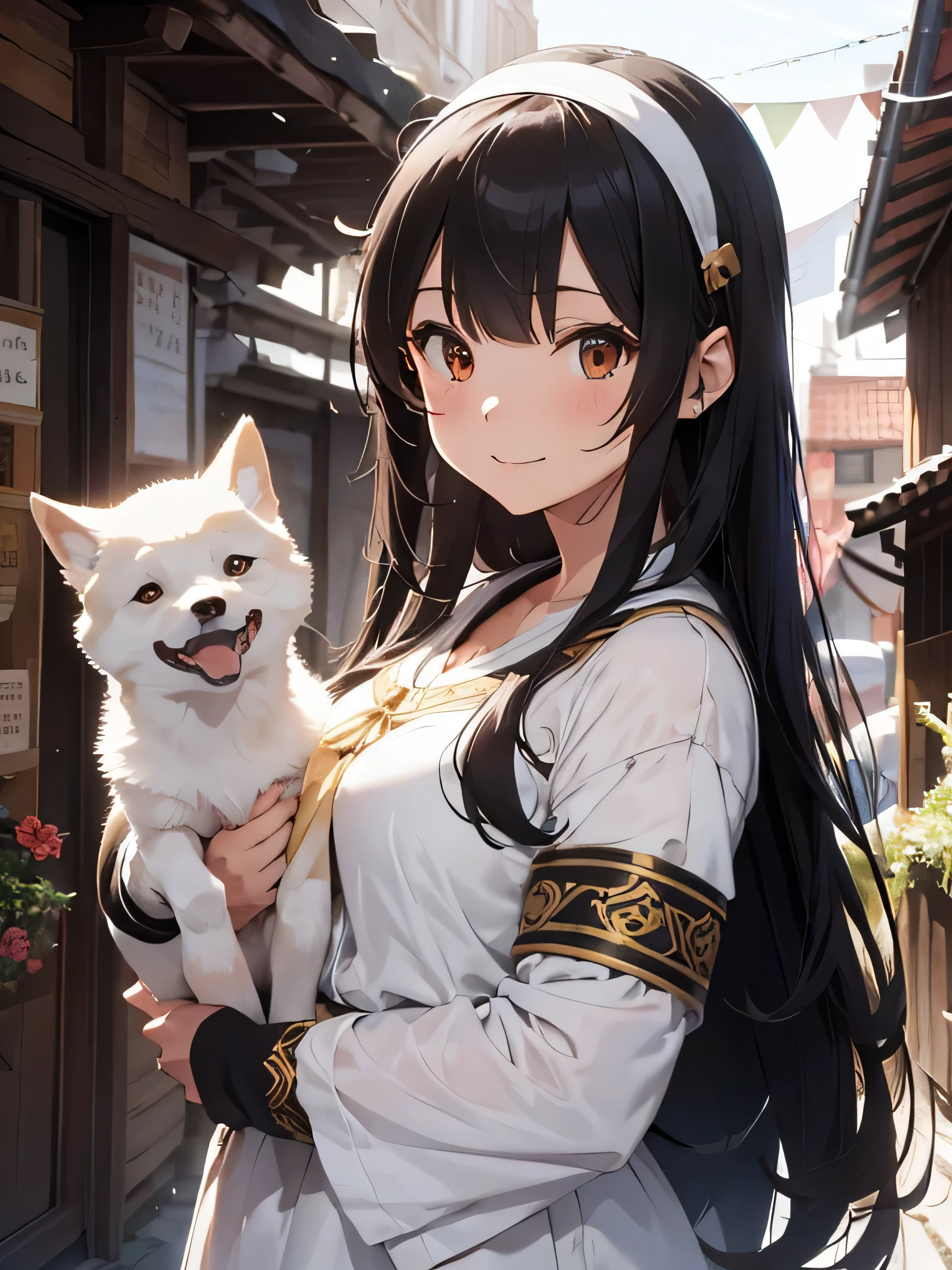 cute illustration、(１black haired woman、hair length、slim body shape、brown fox ears headband、Sexy priestess costume)、(Holding a big pure white Shiba Inu)、laughter、shrine、lighting from the side