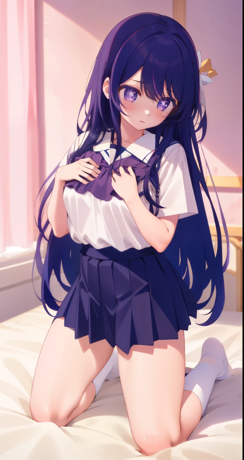 A girl((There is a five-pointed star in the eye))A girl with long purple hair,big chest(((Blush)))JK school uniform,short skirt,kneeling,Beds,white socks, thick legs, thigh thick, standing, backdrop, indoors