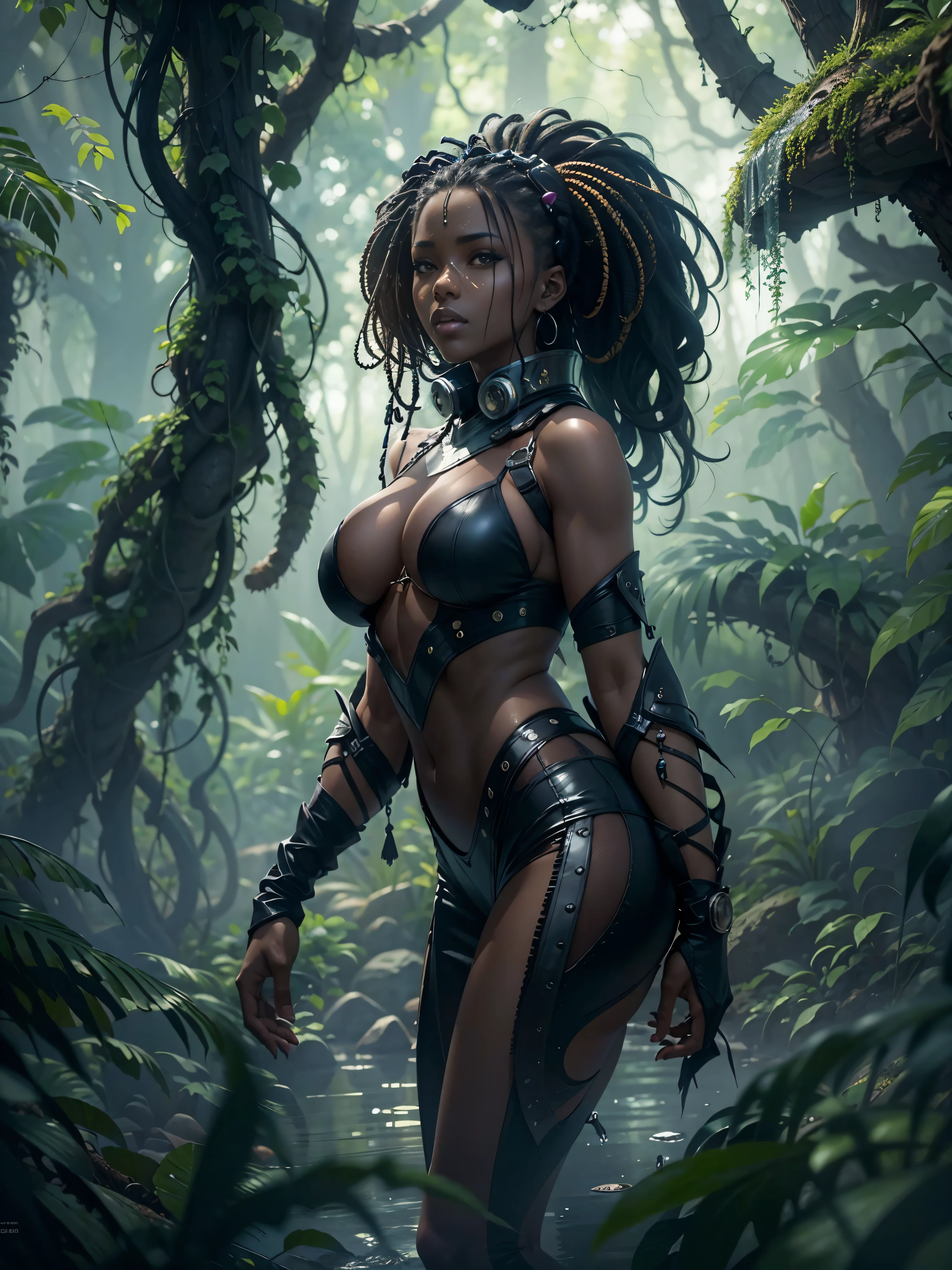 Masterpiece, art, young beautiful woman, dark skin, flawless skin, textured skin, very large firm breasts, perfect proportions, in jungle, on alien planet, dense fog, tentacles hold her, shreds on her body, frightened facial expression, ready to fight, in the future, dark, gloomy, anime, sexy, erotic, UHD resolution, realistic detail, realistic reflections, realistic shadows, 3D, 