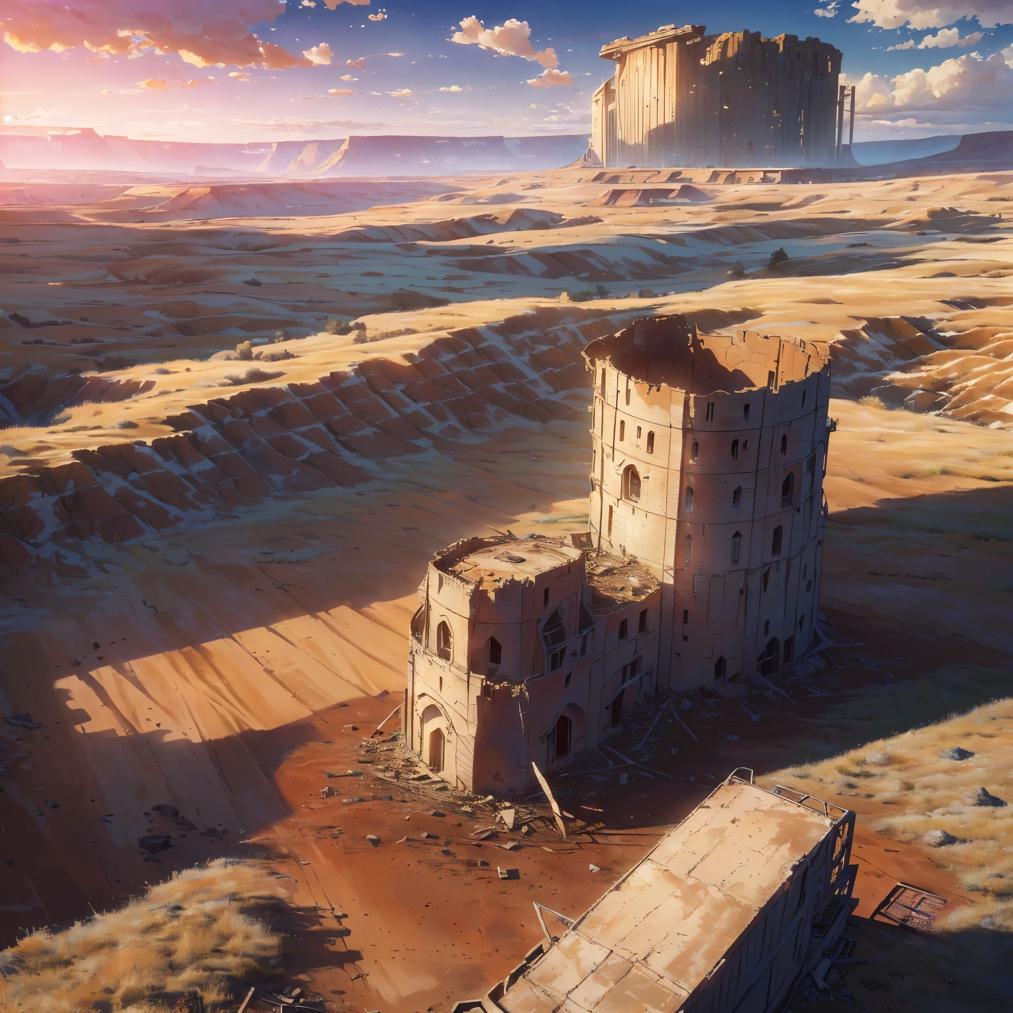 (Best quality, 8k, 32k, Masterpiece, UHD: 1.2, ray tracing: 1.2, real: 1.2),  (side: 1.5), savannah in the foreground, sandy red canyons in the distance, (Prairie, Long Range, wind:1.5),  a destroyed observatory with a dome and a road works sign in the background, blue sky, white clouds, (((post apocalyptic wasteland))) 