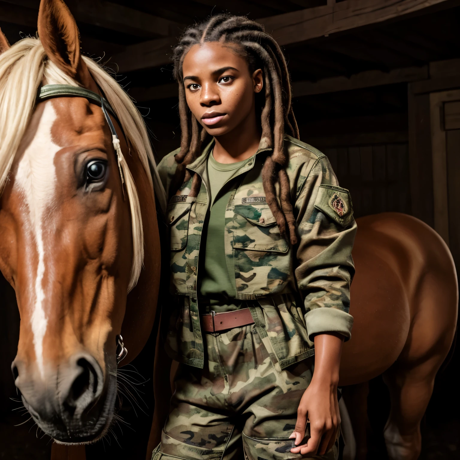 make photo high resolution, dim lights, 4k, HD, darkness, photographic, absurd perfect resolution of film effect, a HD horror photo of a young black woman, with natural freckles, light brown skin, black eyes, short Viking dread hair, green camouflage jacket, long pink pants, pink shirt, bossy expression, in a place taking care on one horse, alone