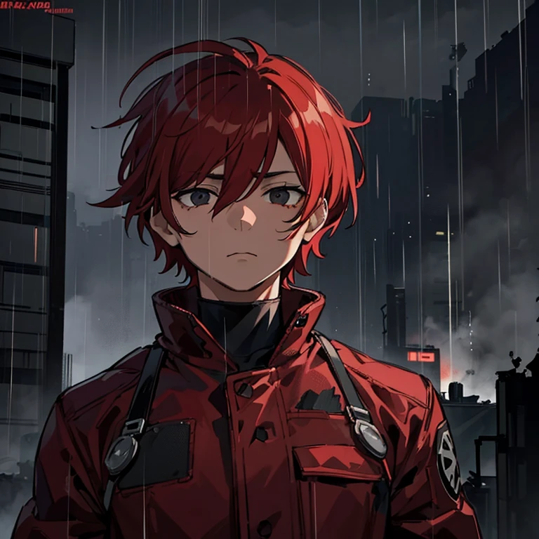 1man, desperate, destruction, red short hair, black eyes, empty stare, destroys a city, raining, cold, powerful, no emotions, desperate, fire, ruins