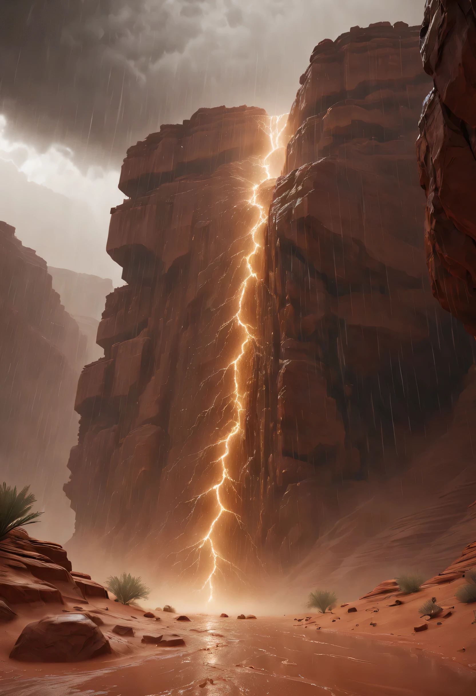 a heavy downpour of rain, It rains to beat the band, Desert Canyon, octane render, intricate, (best quality, masterpiece, Representative work, official art, Professional, unity 8k wallpaper)