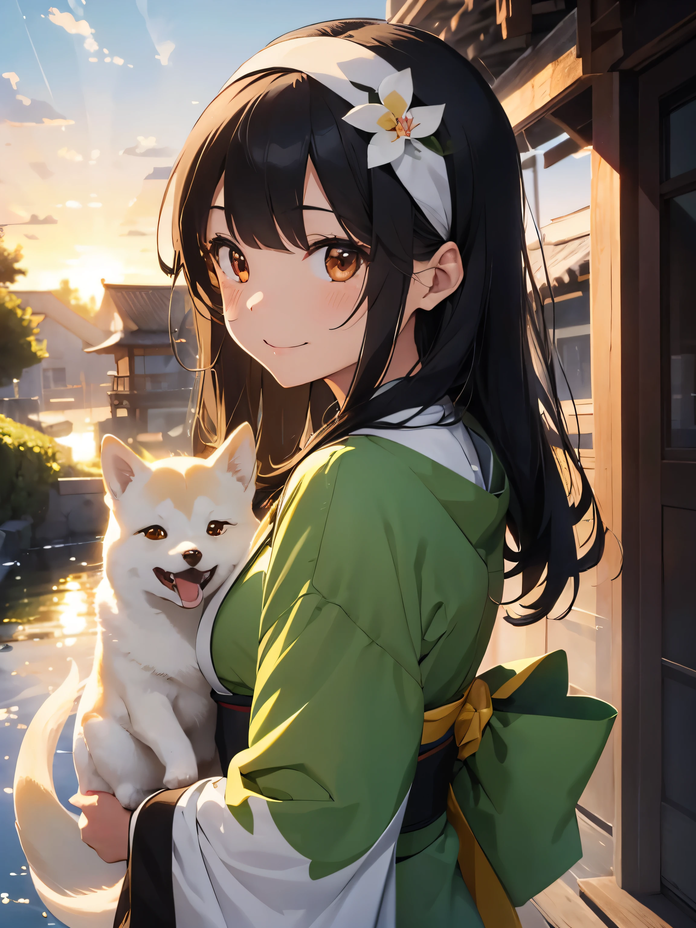 cute illustration、(１black haired woman、hair length、slim body shape、oriental dragon green headband、kimono)、(holding a white shiba inu)、laughter、sunrise、lighting from the side