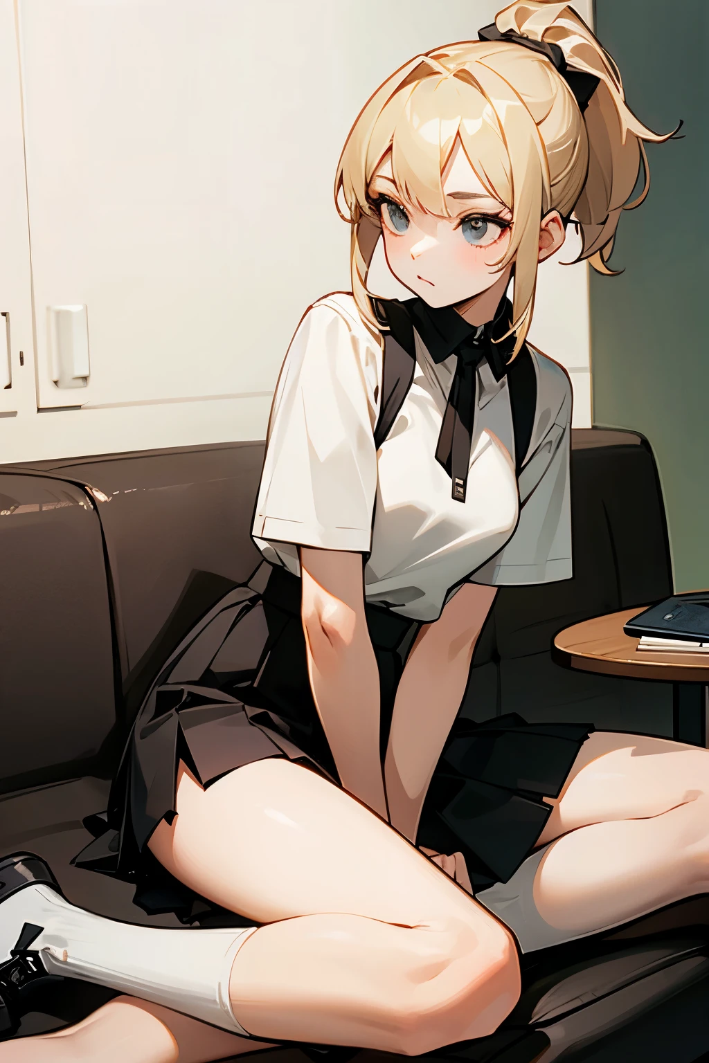 Blond hair, ponytail, sitting, skirt, white top, high Black socks