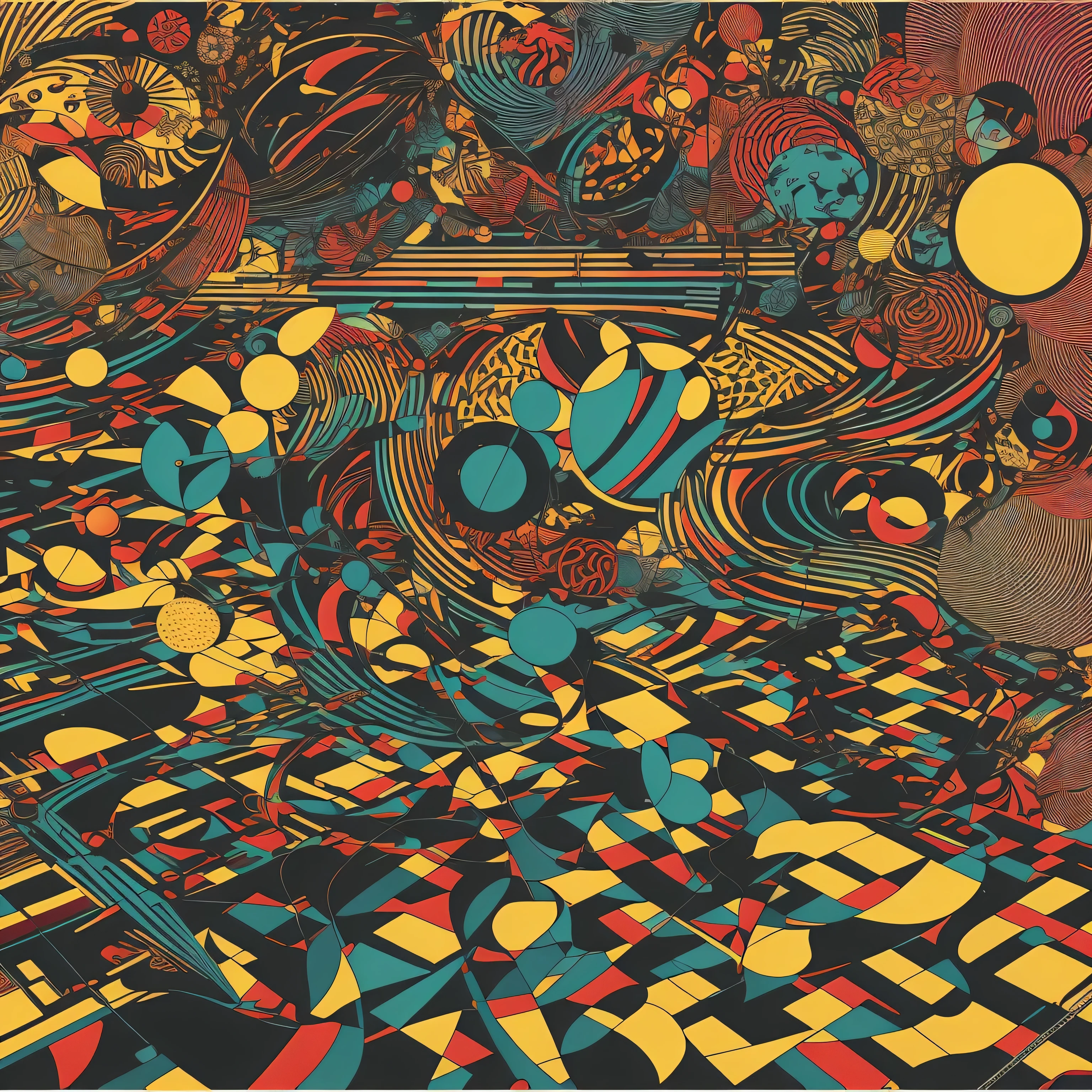 guitar and synthesizer、musical instrument modular synth ♪A collage of colorful geometric patterns depicting、 , surreal psychedelic design, hyper maximalism