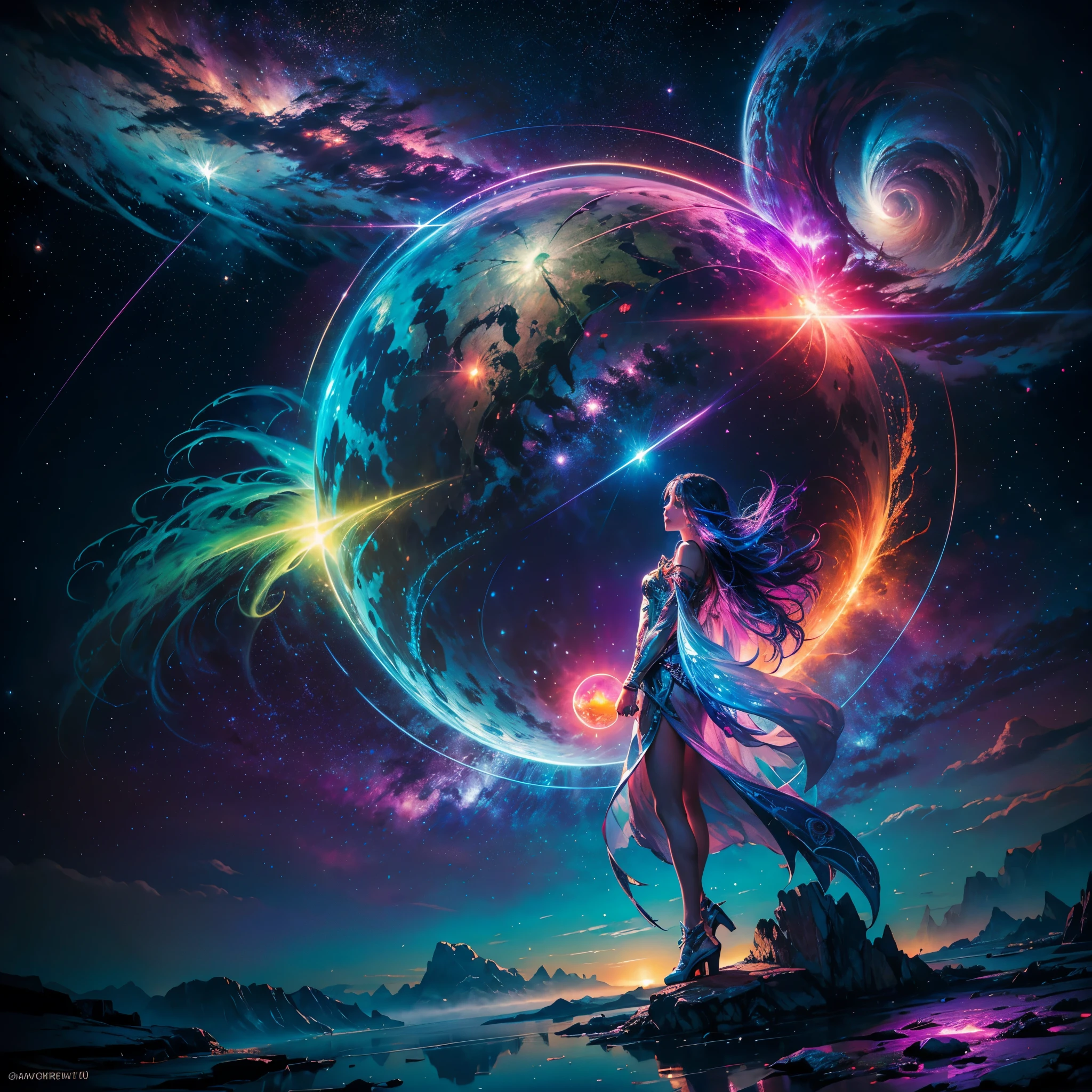Hyper Vibrant Nebulae Octans by_Mappa Spacious Starry_sky ((🎈Sunset epic sunshine parabolic sunrise Rain_Color Colorful_liquid_on_?????_body:1.3 Colorful_body Colorful_ink_on_hair:1.2 Rainbow Abundant_colorful_liquids White_liquid fullbodye wet_Color_liquid)) In the vast expanse of the cosmos, a breathtaking image unfolds before your eyes. In the heart of a starry galaxy, vibrant nebula dance and swirl, their ethereal colors blending and intertwining. The scene is a symphony of cosmic beauty, with tendrils of interstellar dust and gas reaching out into the void. The stars shine with an otherworldly brilliance, illuminating the cosmic tapestry that stretches across the vastness of space. It is a visual feast for the senses, an awe-inspiring glimpse into the wonders of the universe. BREAK,Detailed,Realistic, highly detailed digital art,octane render, bioluminescent, BREAK,by Mappa studios,masterpiece,best quality,official art,illustration,ligne claire,(cool_color),perfect composition,absurdres, fantasy,focused,rule of thirds masterpiece meticulously intricate 🎠deep path equirectangular🎡 ultra_high-details extreme improved ultra_high-quality ultra_high-res ultra_photo-realistic optimal ultra_sharpness perfection accurate volumetric SunLight Lightning_contrast global_illumination cgi vfx sfx reflex Octane_rendered ultra_high-def UHD XT3 DSLR HDR romm rgb pbr 3dcg fxaa blu-ray vivid colors-coded anti-aliasing fkaa txaa rtx ssao opengl-shaders glsl-shaders post-processing post-production cell-shading tone-mapping ❤luminescence 😘glow 👩Heart hearth Crystalline butterfly earth invoke monarch magic fleuraison monster monstrous creature sundrop slide onyx summon transparent ruby Earth hearth bloom flash Tourmaline opal strange glow hole reflection varies multi etc. --s 1000 --c 20 --q 20 --chaos 100