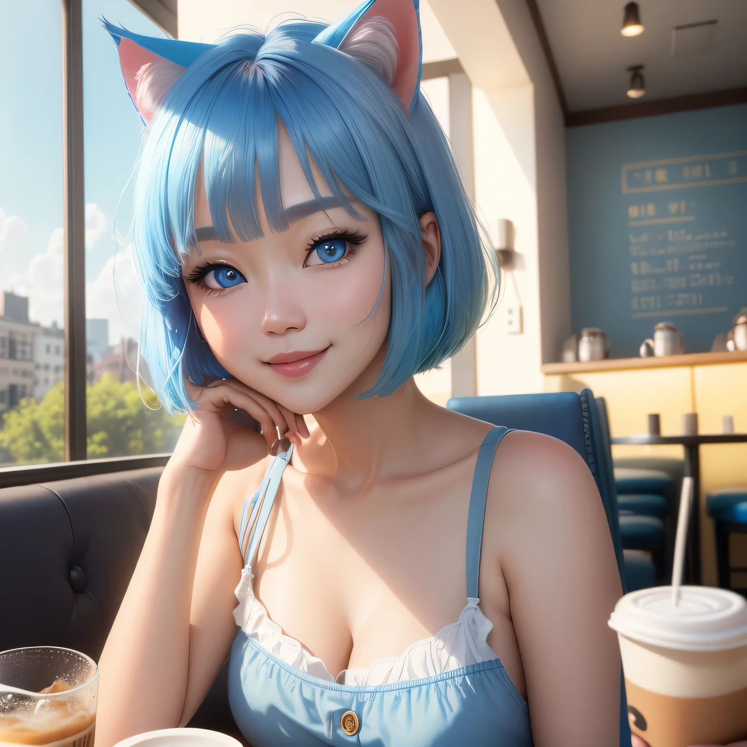 (8k, HDR, RAW photo, best quality, masterpiece:1.2, realistic lighting), close up, korean girl, solo, smile, (bob cuts hair), sky blue hair, path traced hair, (sky blue cat ears), ((sky blue eyes)), beauty eyes, (thin face), (cafe:1.3), relaxing in cafe, drinking a cup of coffee, look up, upper body.