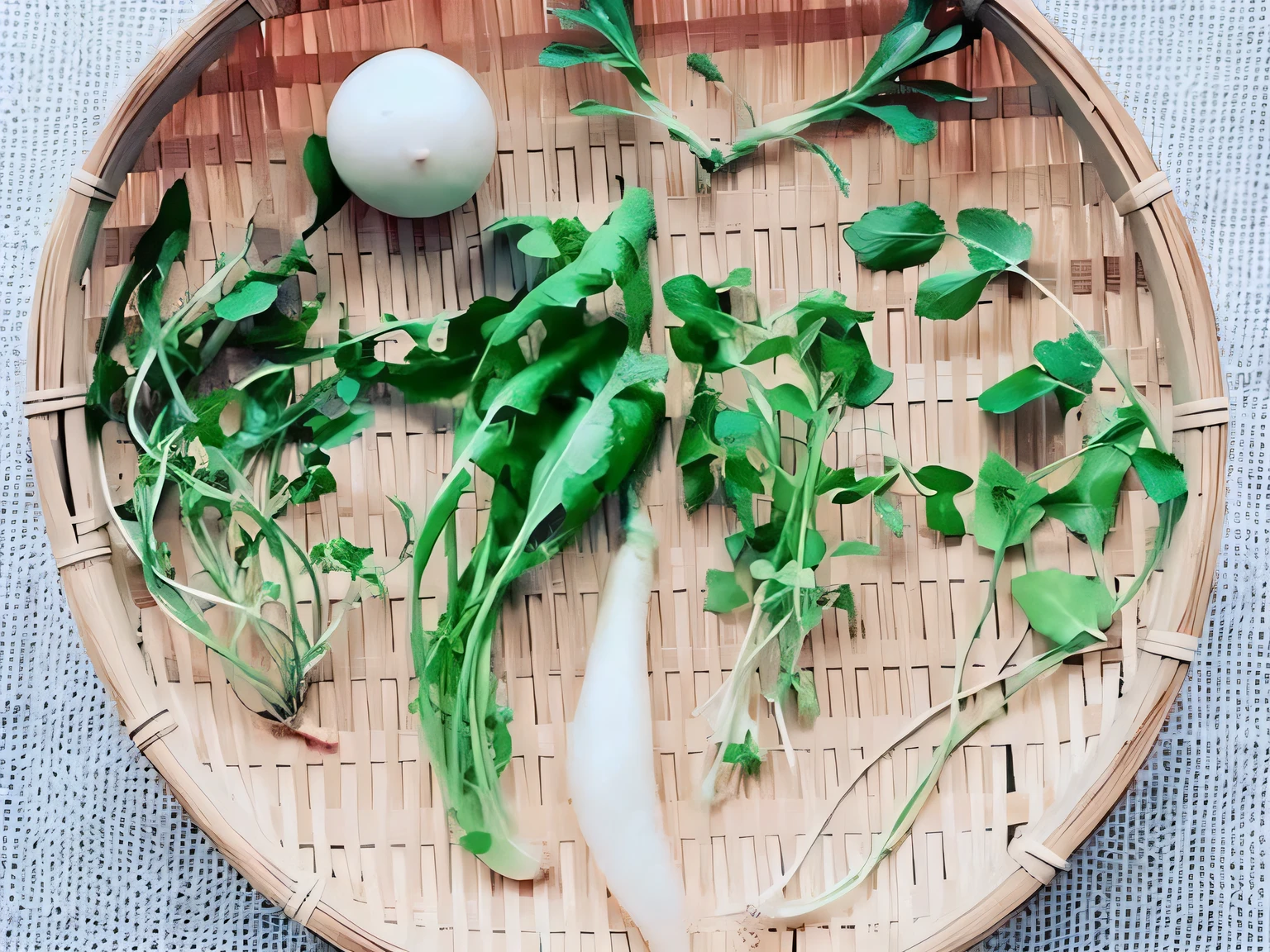 oil、grass on bamboo colander, 