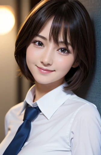 muste piece, best quality, Super detailed, fine details, High resolution, 8K Dende Wallpaper, perfect dynamic composition, beautiful detailed eyes,short hair, big breasts same, natural color lip, random sexy poses,shy smile,bedroom、Looking at the camera、20 year old girl,uniform