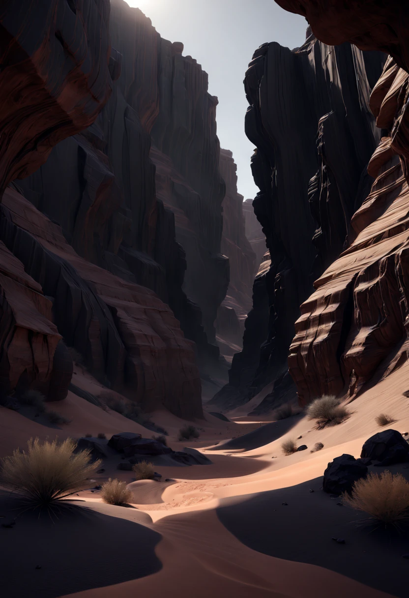 black theme, Desert Canyon, octane render, intricate, (best quality, masterpiece, Representative work, official art, Professional, unity 8k wallpaper)