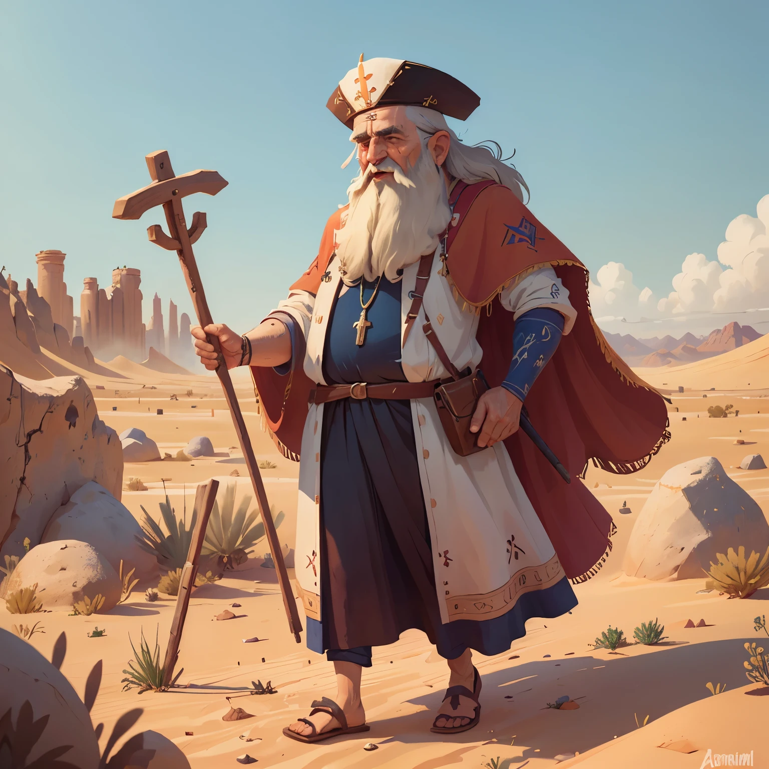 Abram, patriarch of judaism. Su historia es contada en todos los textos sagrados de las religiones, hombre viejo pero feliz, antes de cristo, comunidad en el desierto, desert background, walking stick, long clothes without much color like Christian movies set in the Bible, usa una manta en la cabeza