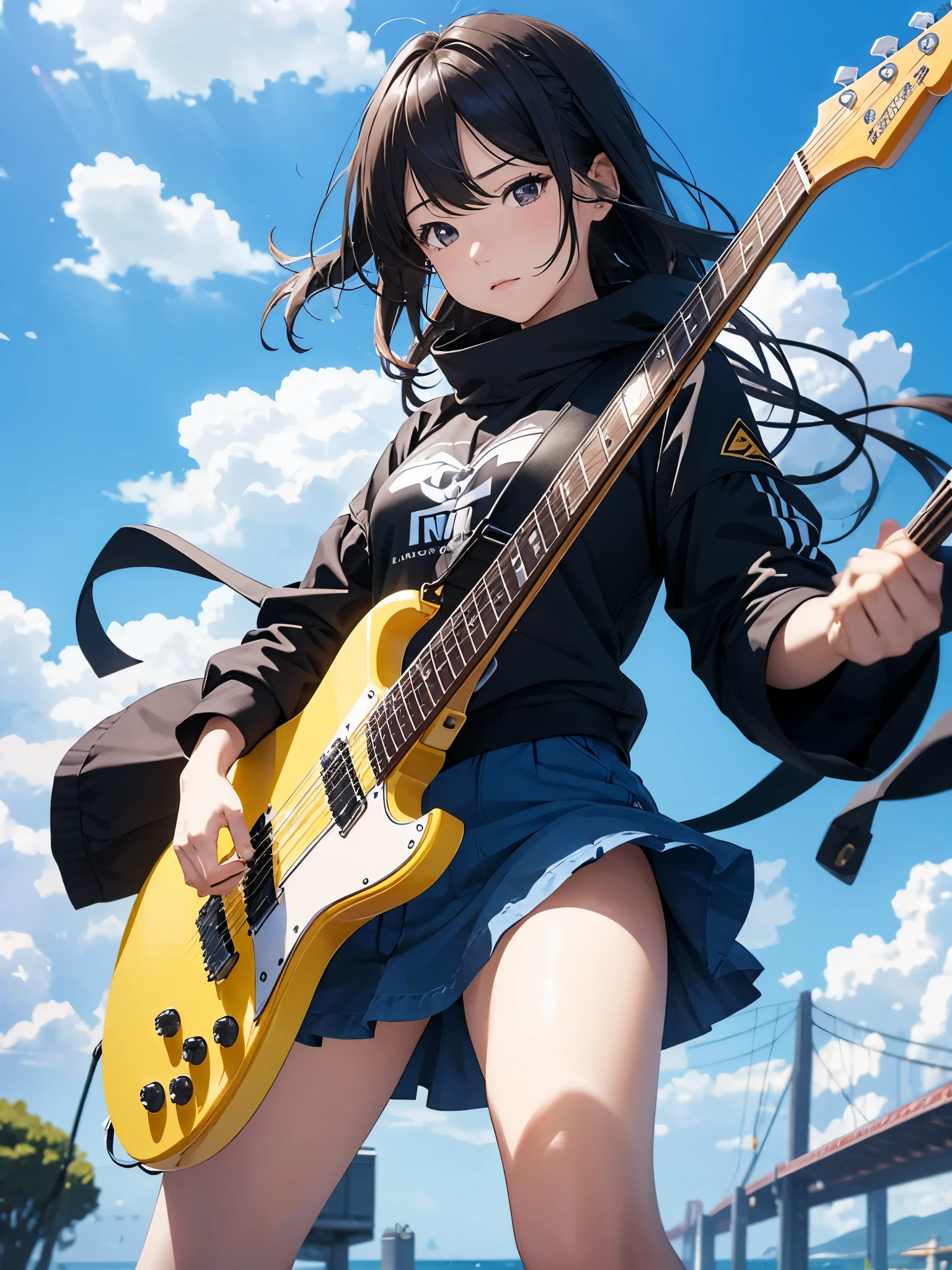 masterpiece, best quality, 1girl, dynamic angle, floating hair, sunny, Blue sky, オーバーサイズの黒いパーカー,  海が見える, playing electric guitar, 
